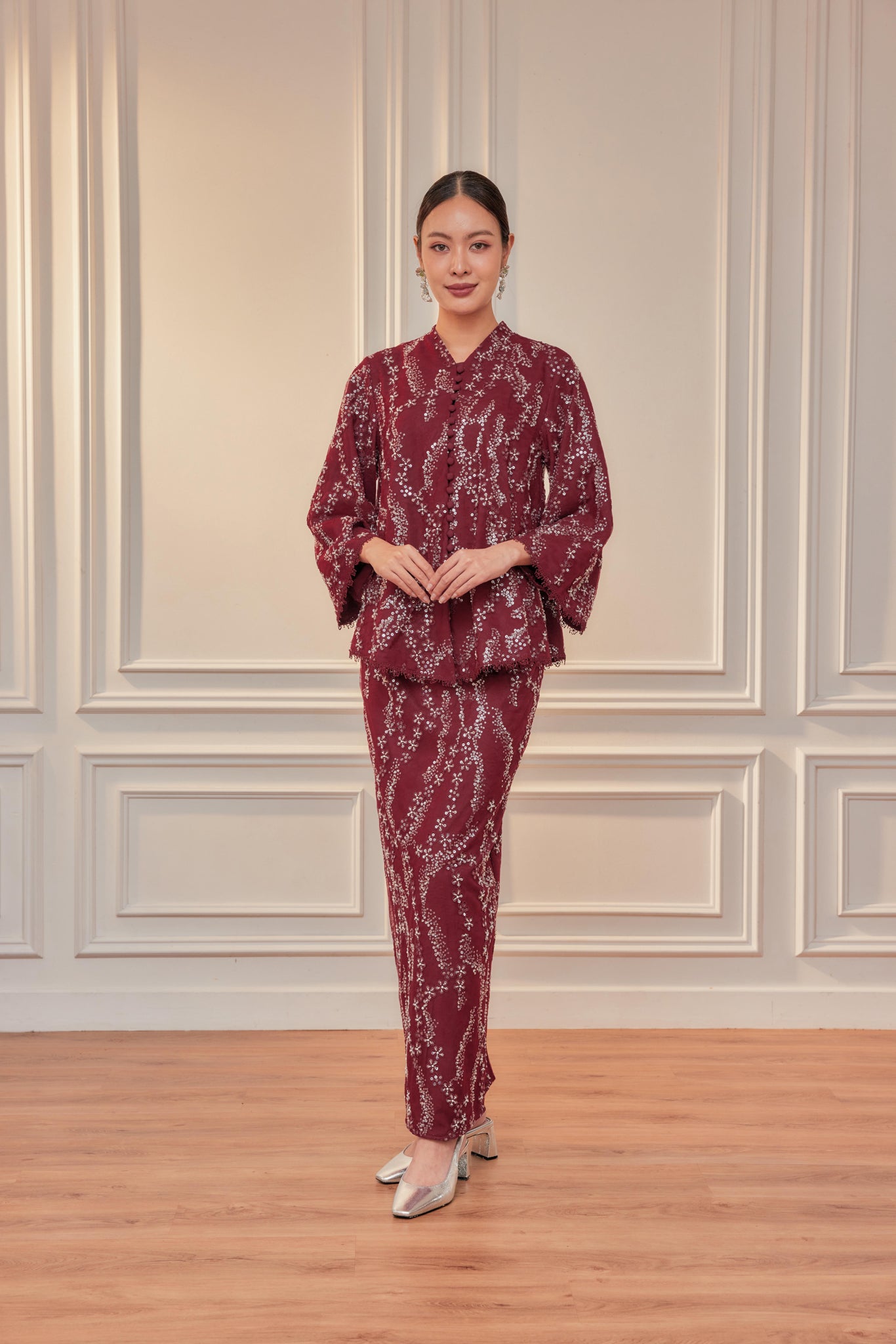 Burgundy - Orked Lace Kebaya Front Buttons (Full Lining) Set