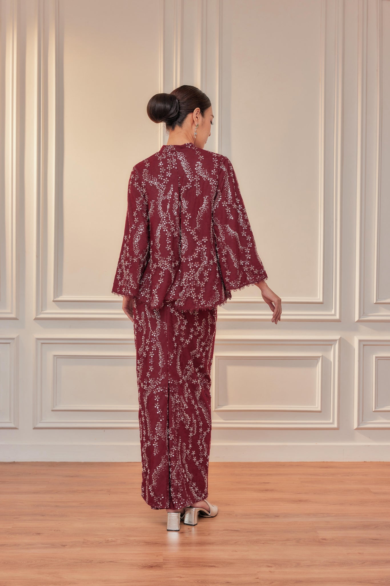 Burgundy - Orked Lace Kebaya Front Buttons (Full Lining) Set