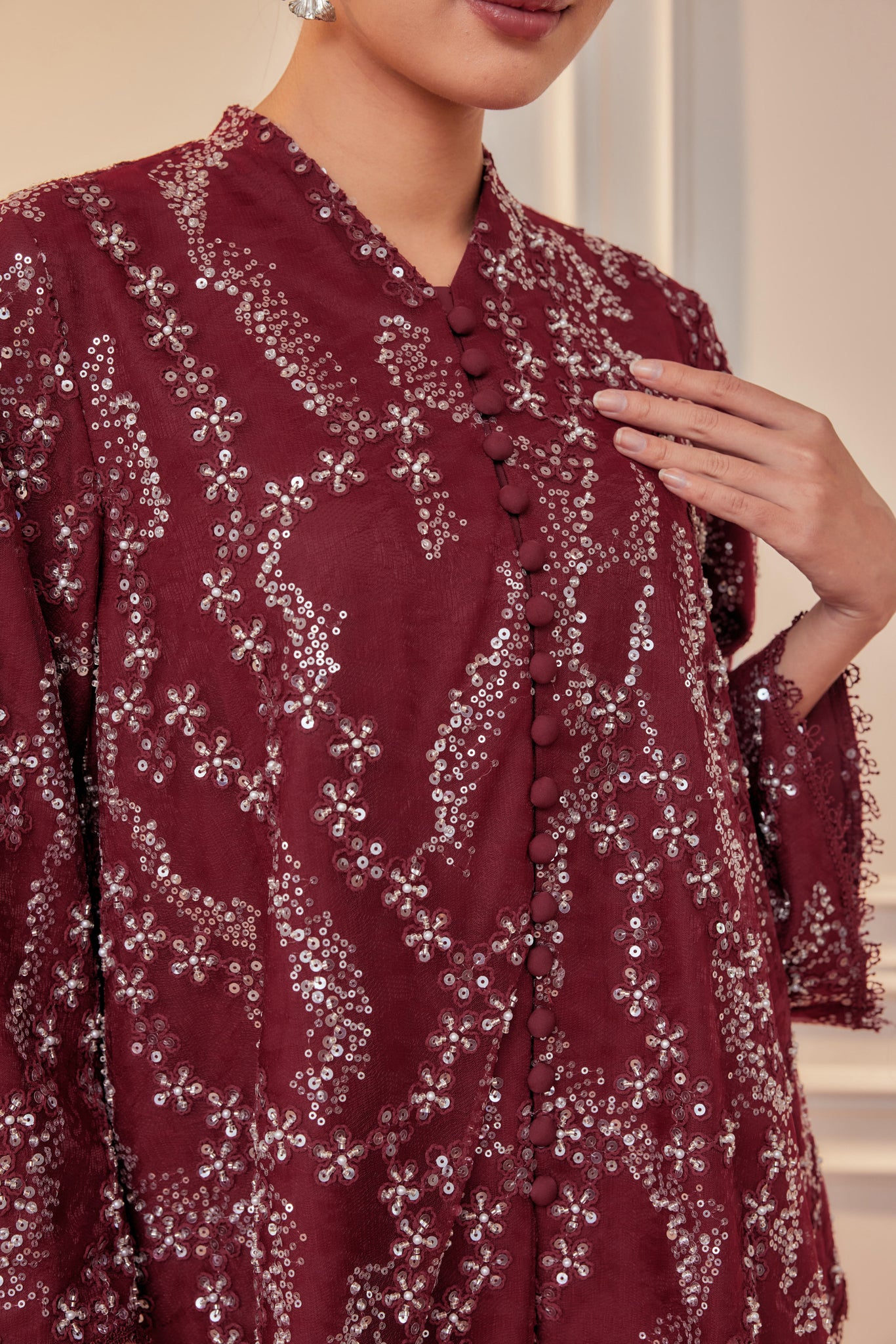 Burgundy - Orked Lace Kebaya Front Buttons (Full Lining) Set