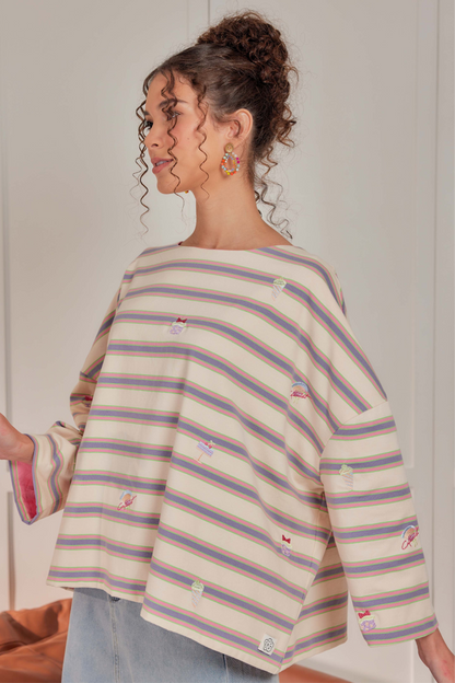 Striped Embroidered Cotton Relaxed Reversible Tee