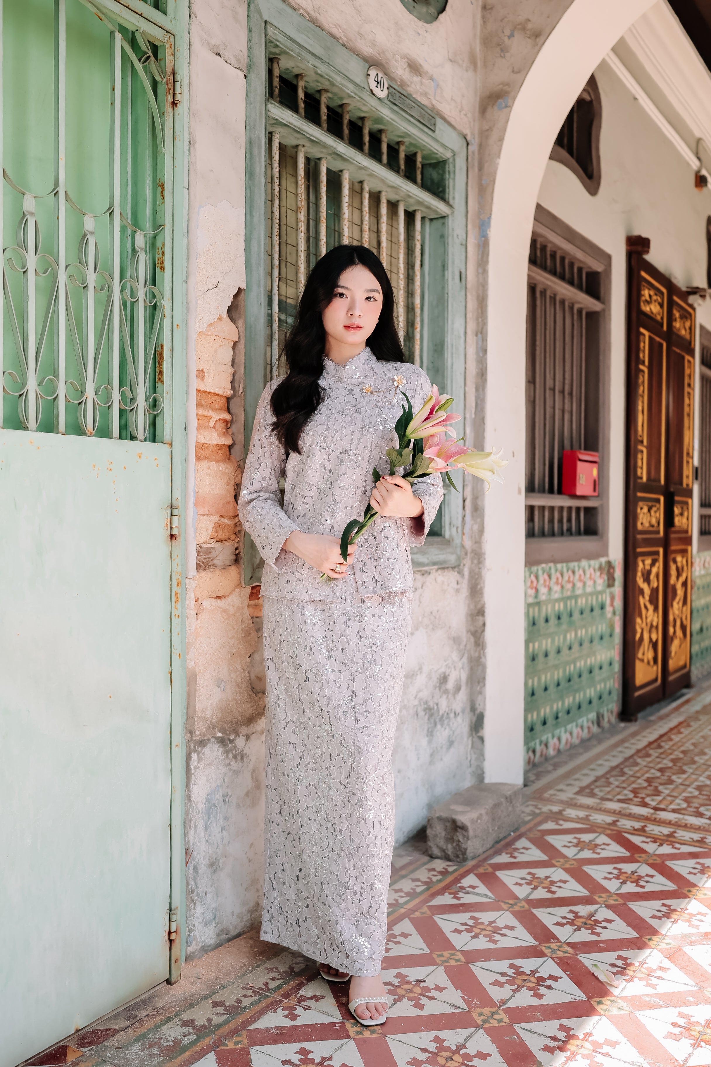 Silver Lilac - Janggan Beaded Lace Kebaya (Fully Lined)