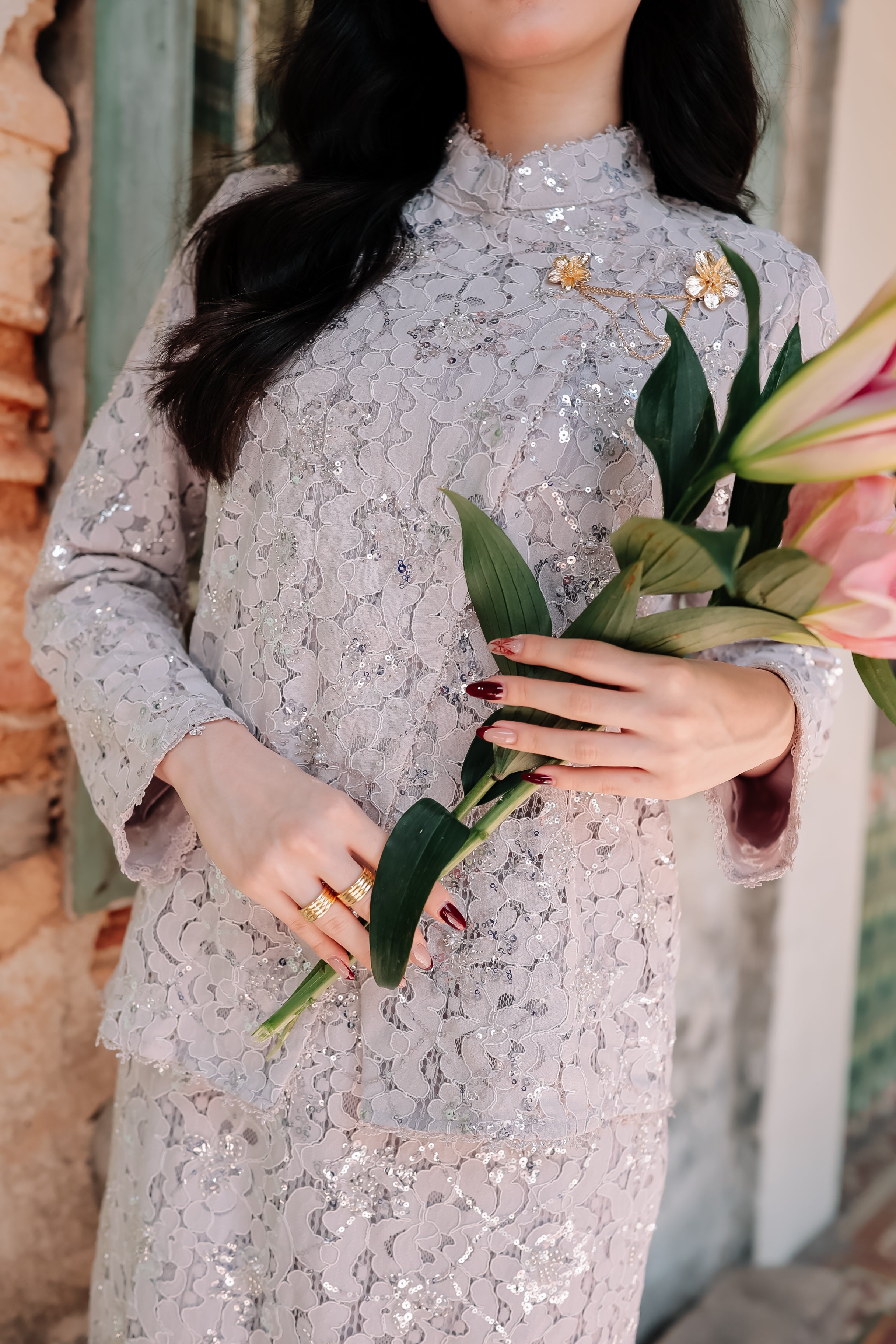 Silver Lilac - Janggan Beaded Lace Kebaya (Fully Lined)