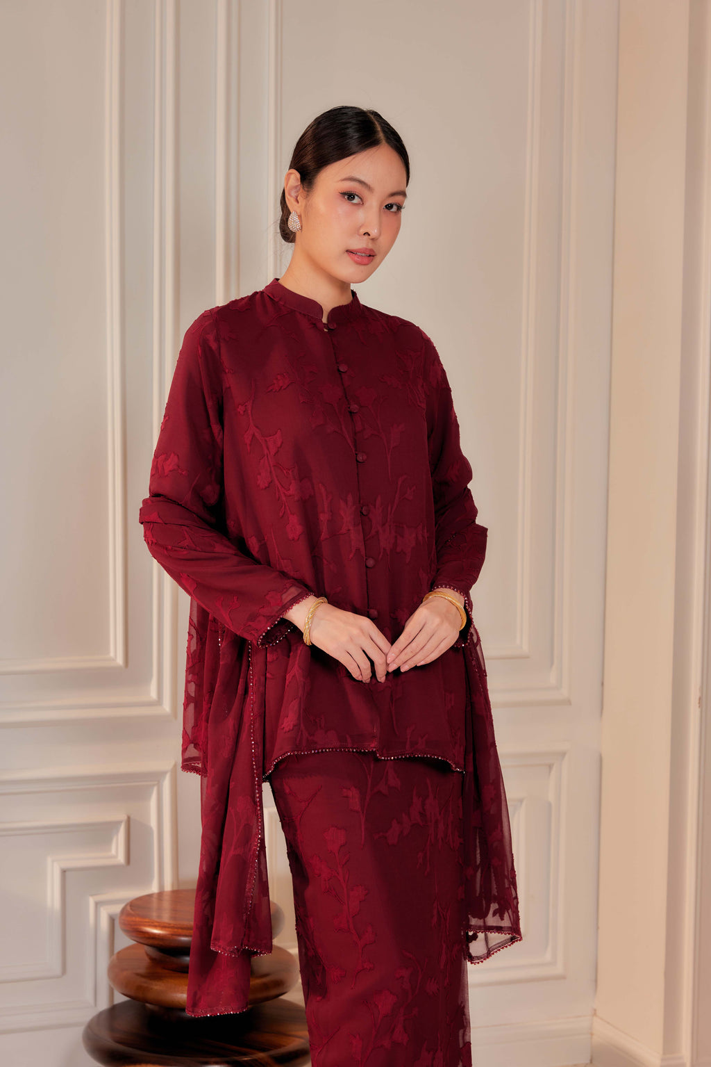 Indah Pelangi Kebarung in Burgundy Cherry – The Beaded Edition, Fully Lined