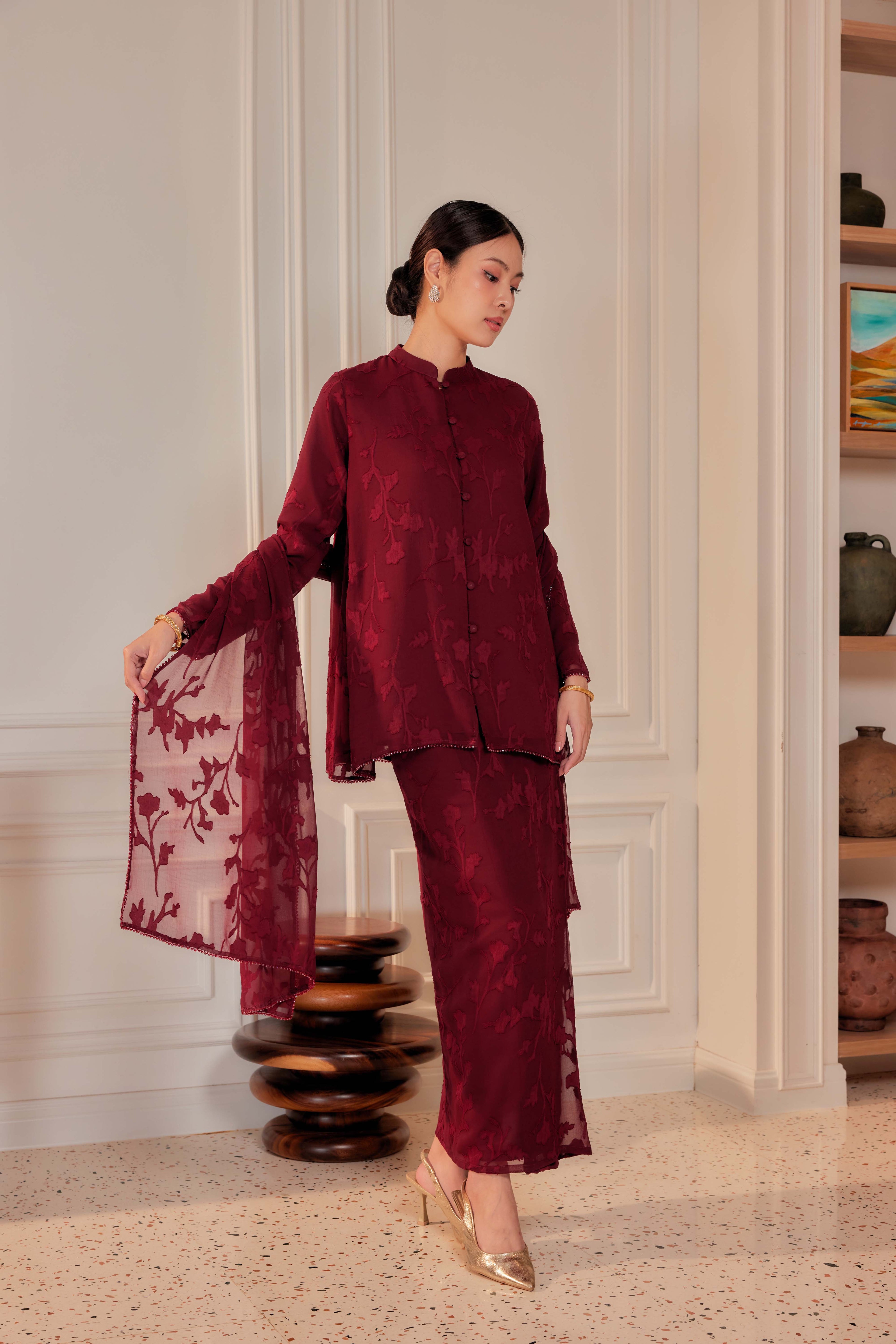 Indah Pelangi Kebarung in Burgundy Cherry – The Beaded Edition, Fully Lined