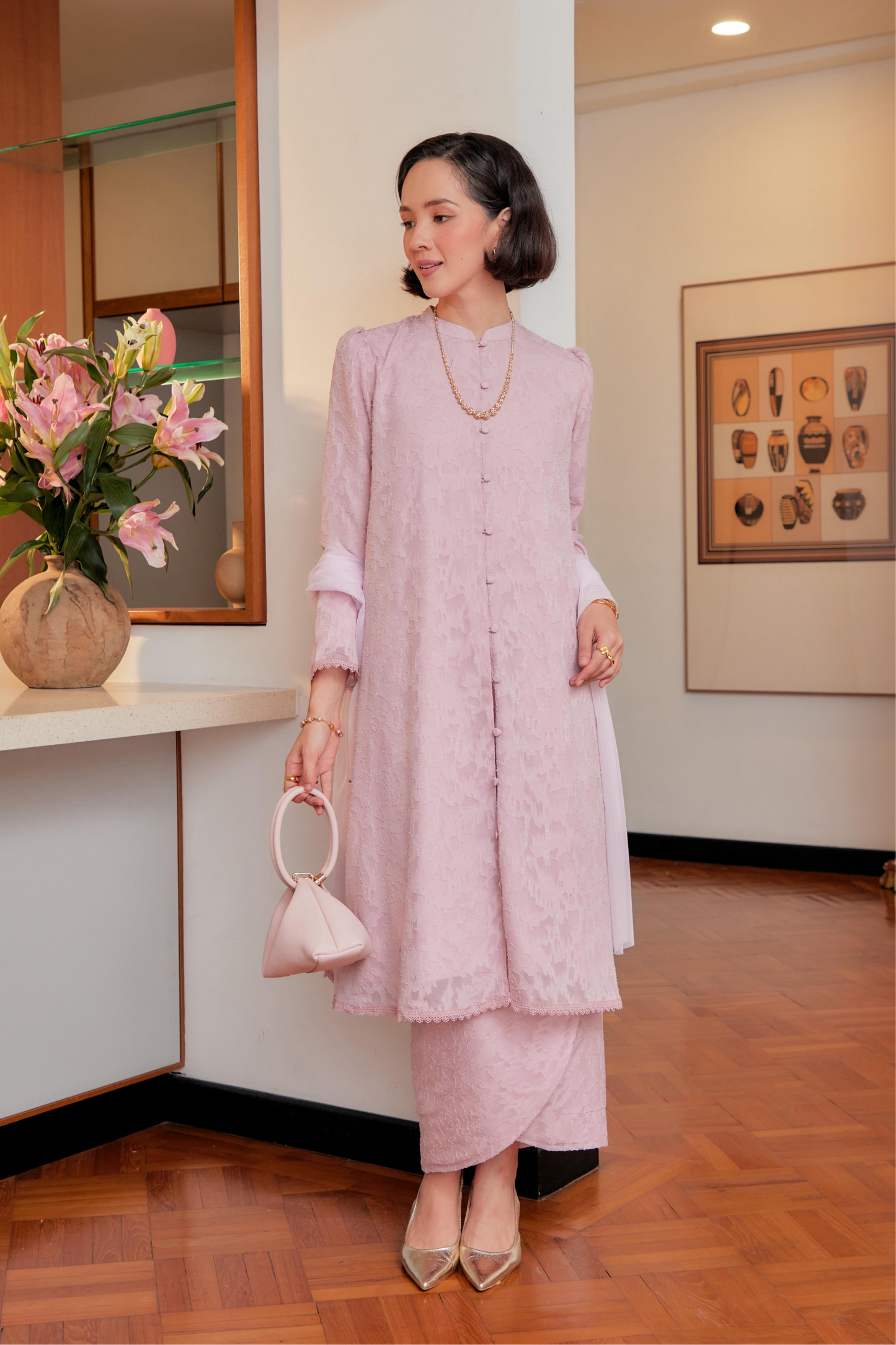 Camelia Pink - Dewita Jacquard Lace Kebarung with Front Buttons Set (Fully Lined)