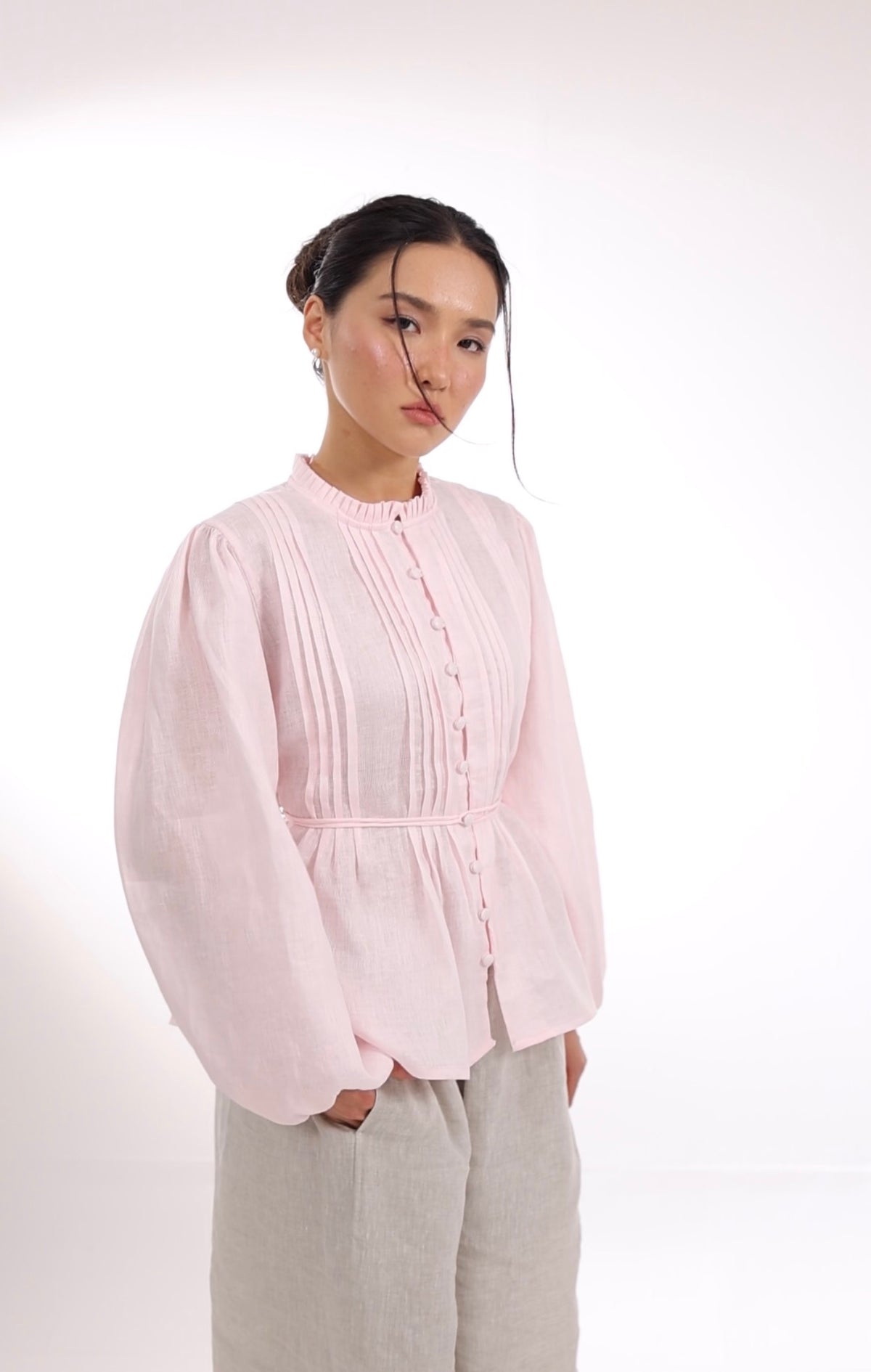 14 - The Daydream Tie-Waist Pure Linen Top in Penelope Pink