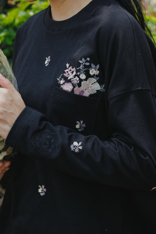 Embroidered Pocket Flower Bouquet Stretch Cotton Tee