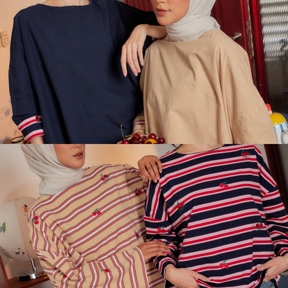 Striped Embroidered Cotton Relaxed Reversible Tee