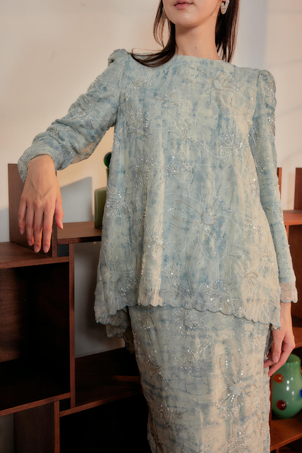 Ash Teal - Nona Pearl Beaded Embellished Kurung (Fully Lined)