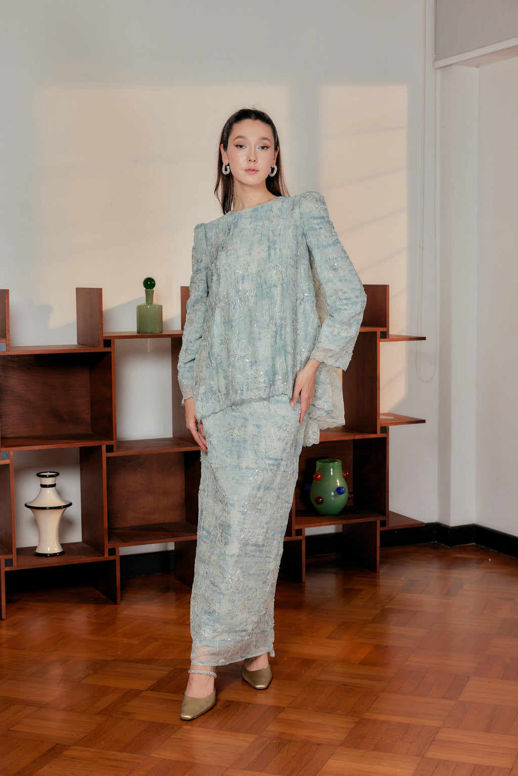 Ash Teal - Nona Pearl Beaded Embellished Kurung (Fully Lined)