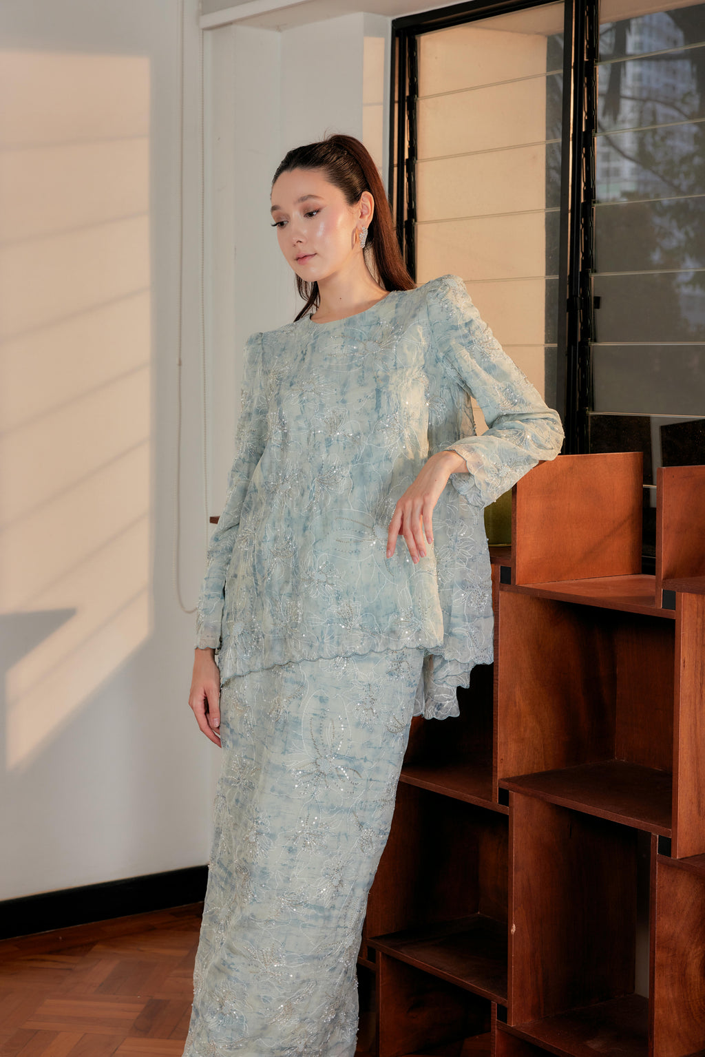 Ash Teal - Nona Pearl Beaded Embellished Kurung (Fully Lined)