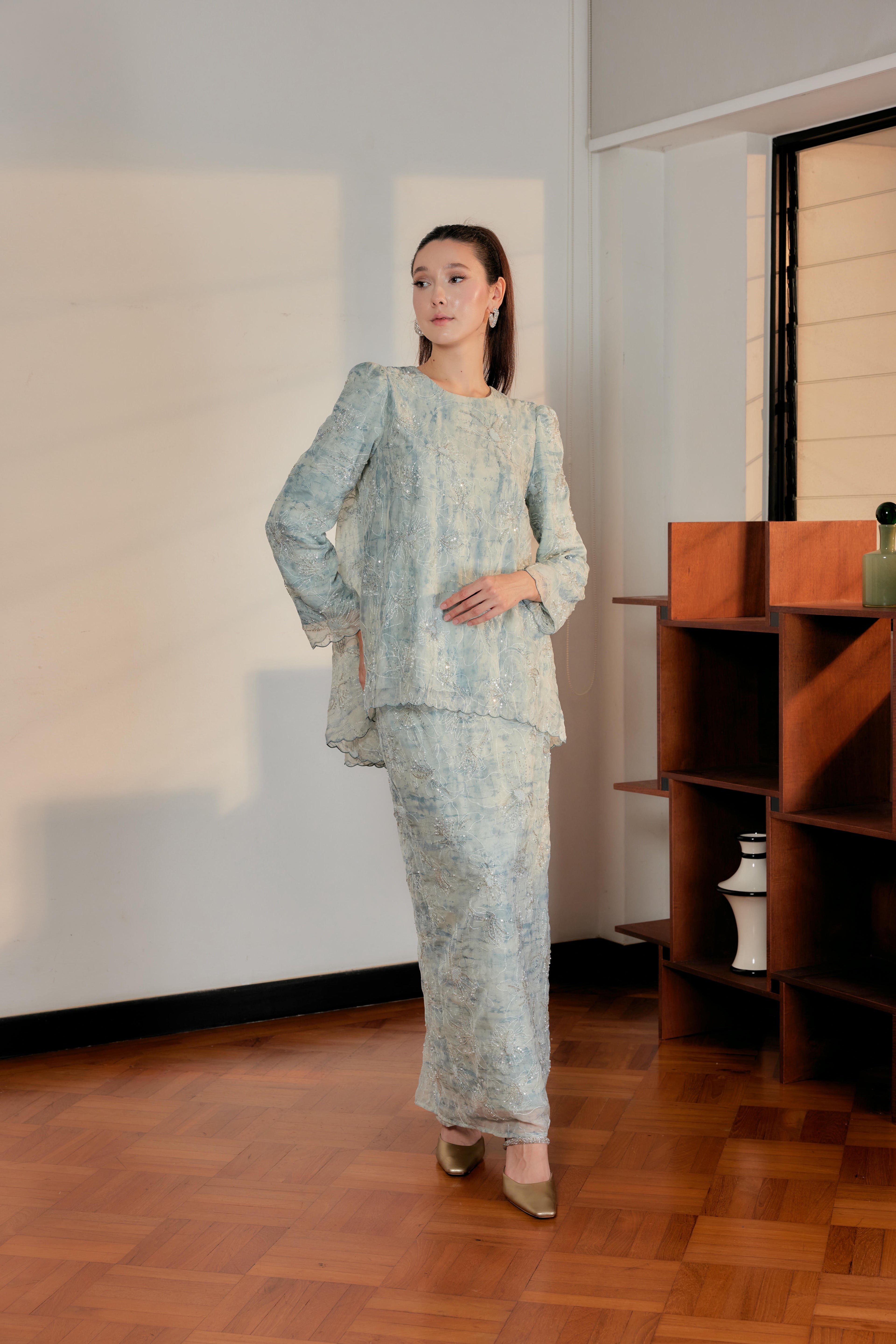 Ash Teal - Nona Pearl Beaded Embellished Kurung (Fully Lined)