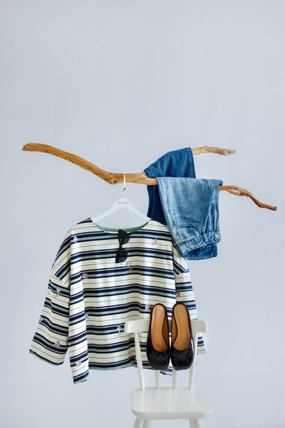Striped Embroidered Cotton Relaxed Reversible Tee