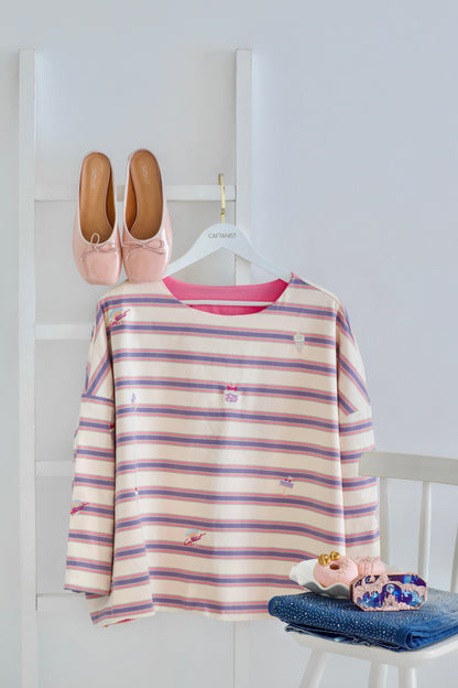 Striped Embroidered Cotton Relaxed Reversible Tee