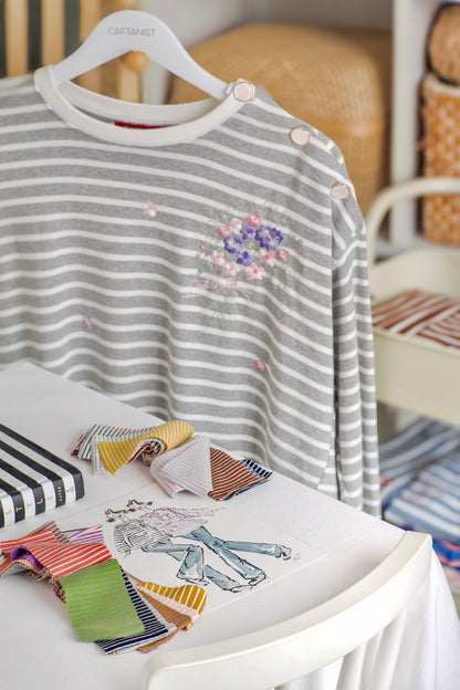 Marinière Striped Embroidered Cotton Tee - Earl Grey Cream