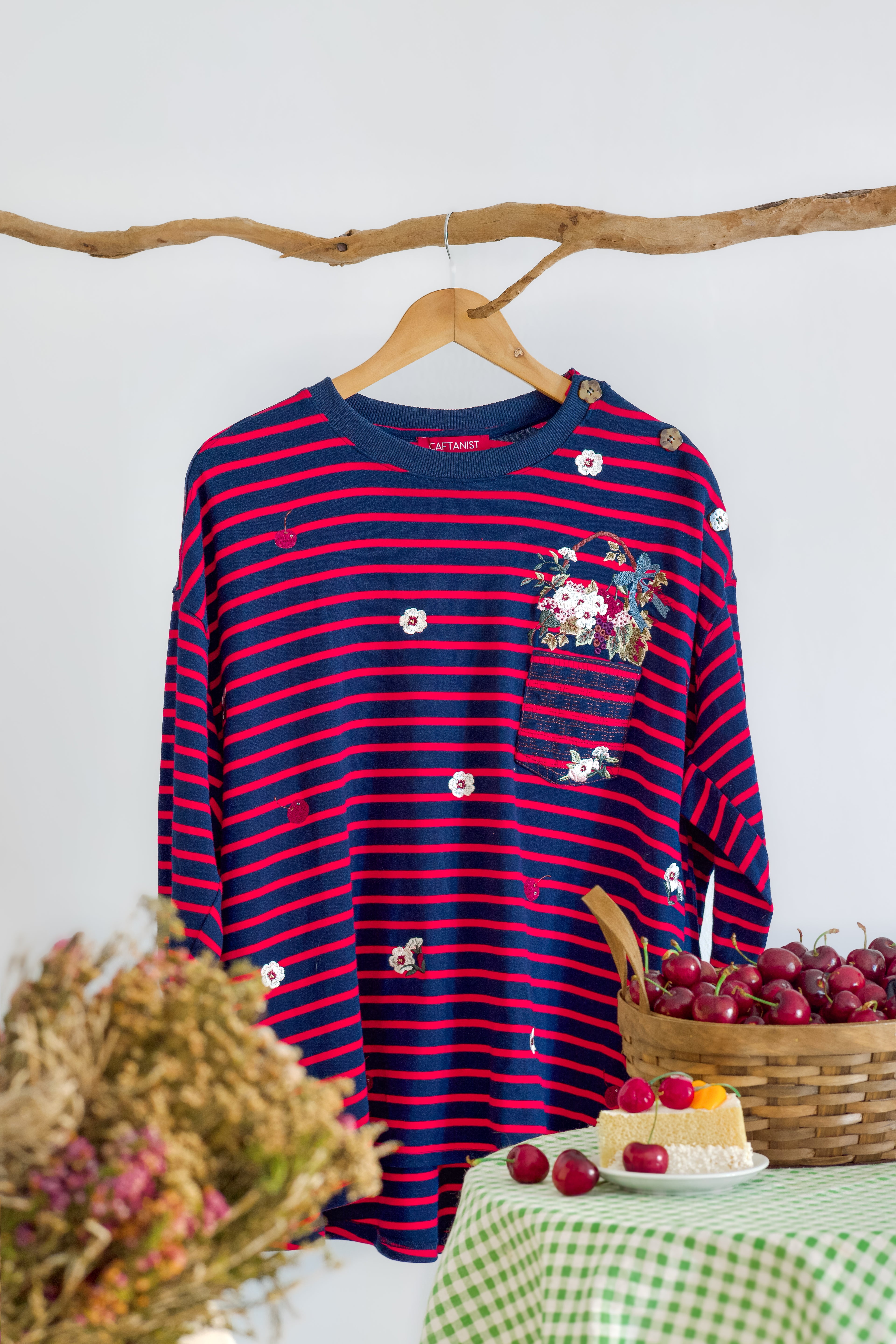 Midnight Cherry Stripes - Fleuriste Embroidered Cotton Tee with Signature Buttons