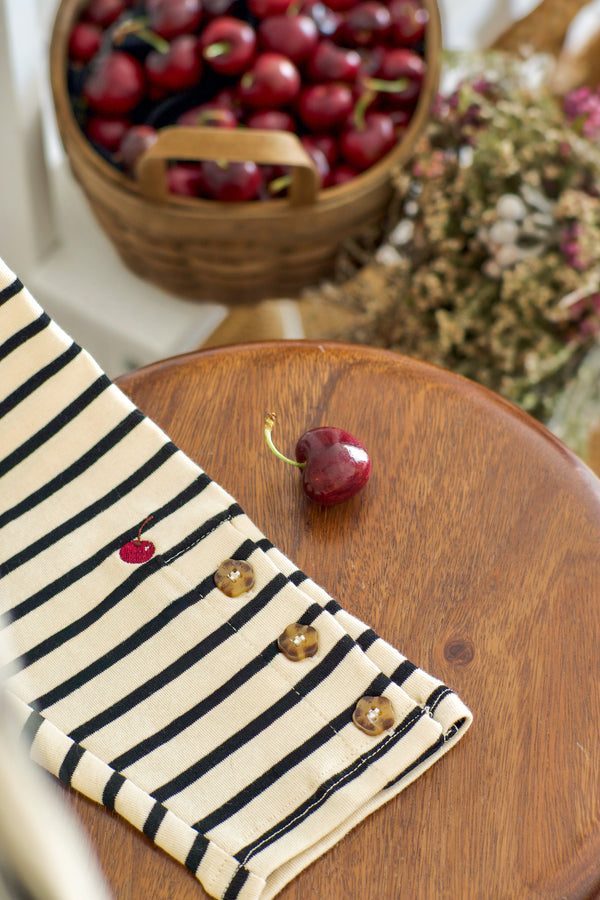 Ivory Black Stripes - Fleuriste Embroidered Cotton Tee with Signature Buttons