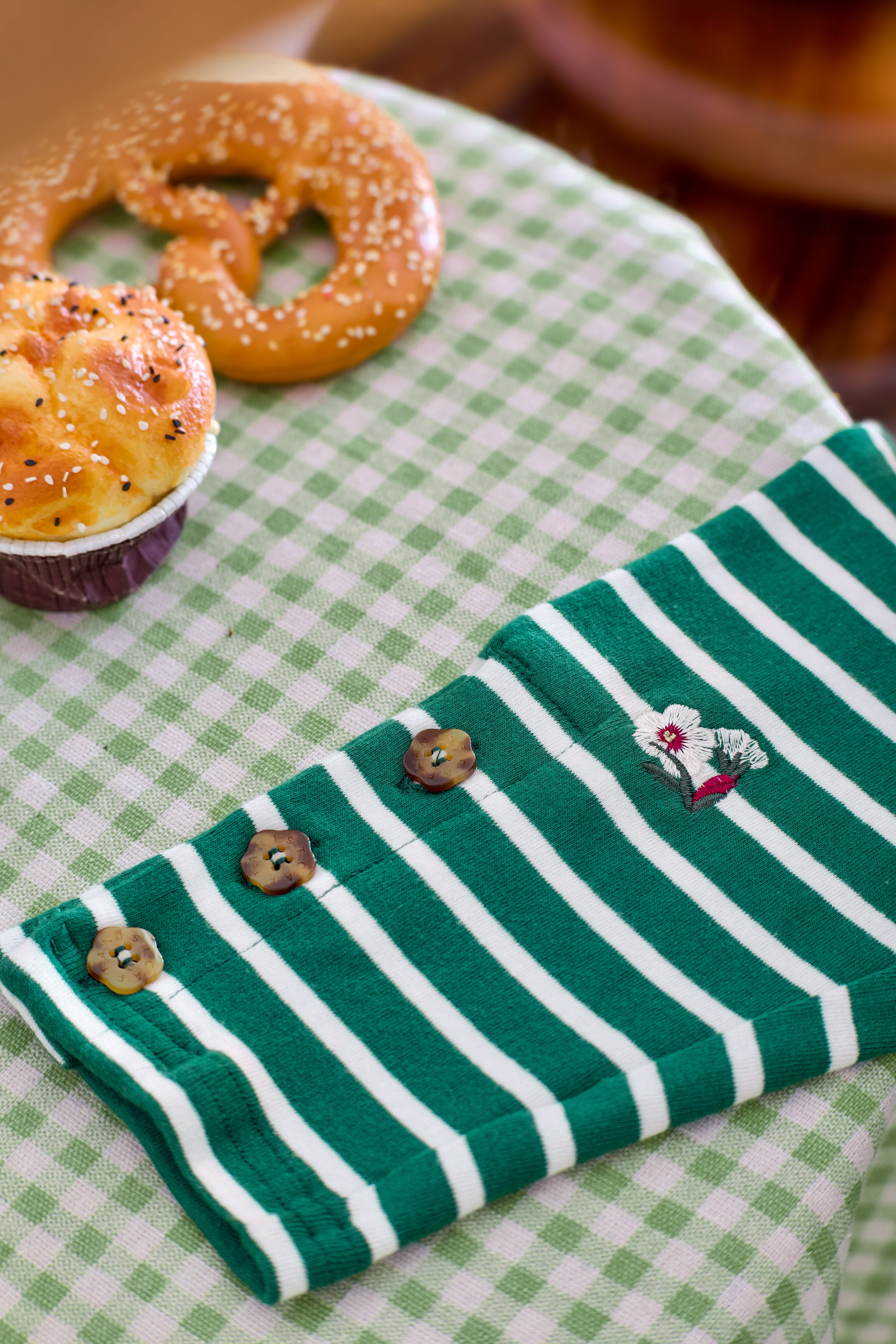 Emerald Stripes - Fleuriste Embroidered Cotton Tee with Signature Buttons