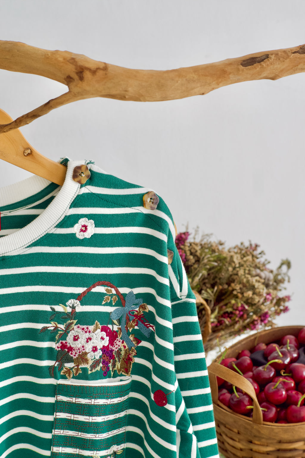 Emerald Stripes - Fleuriste Embroidered Cotton Tee with Signature Buttons