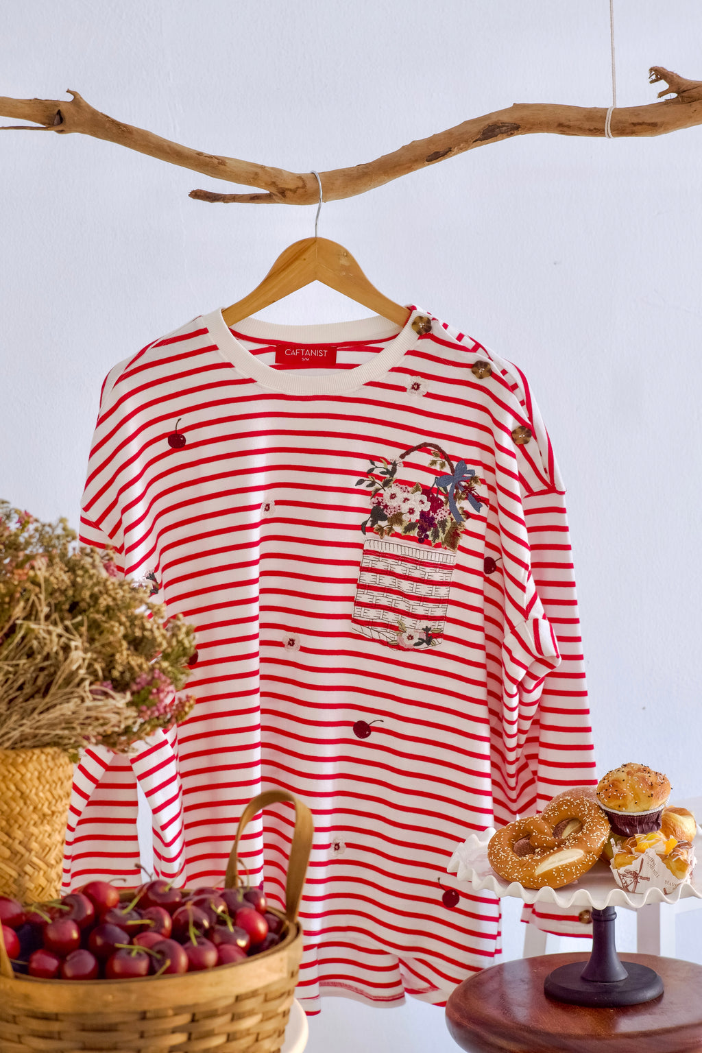 Cherry Stripes - Fleuriste Embroidered Cotton Tee with Signature Buttons