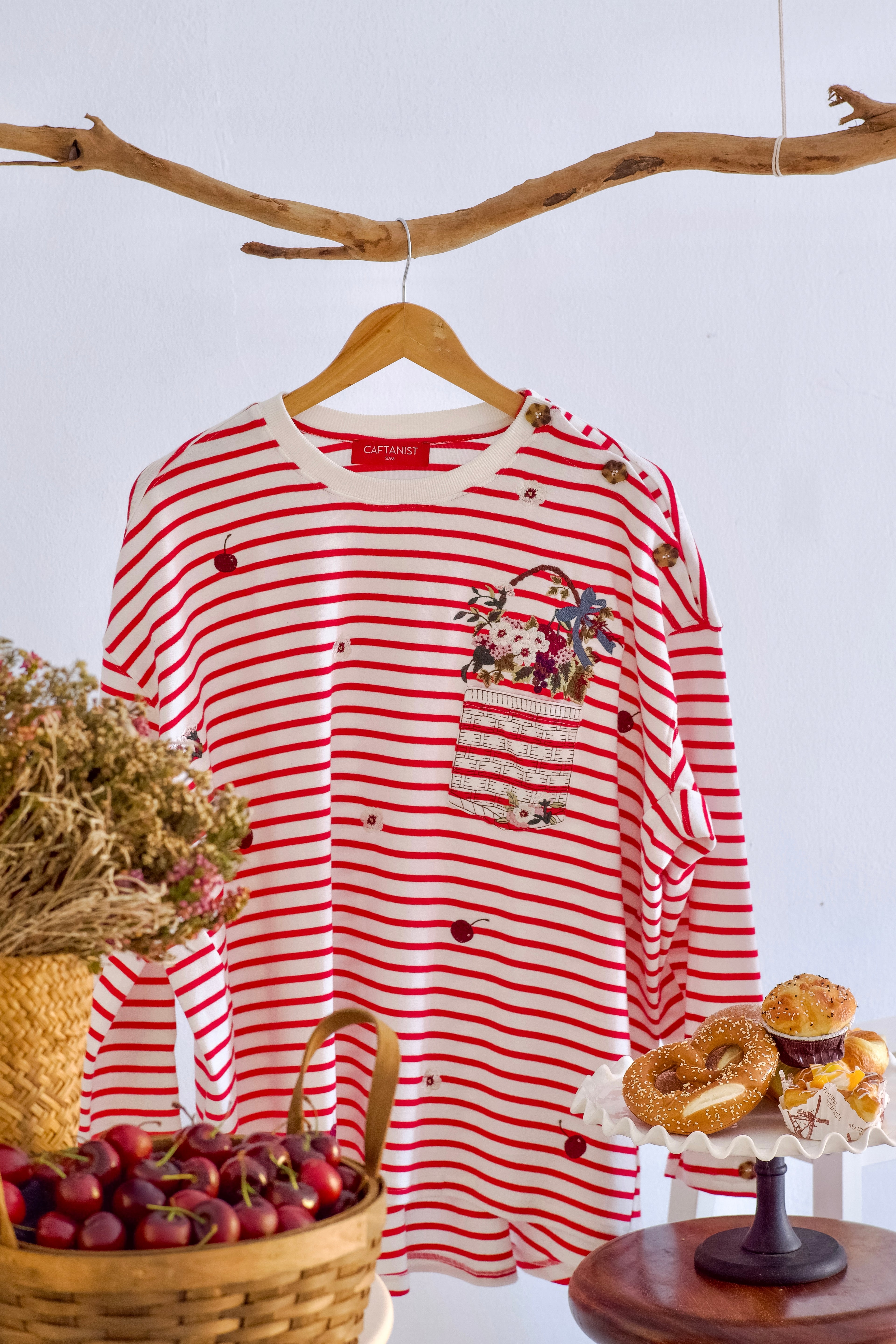 Cherry Stripes - Fleuriste Embroidered Cotton Tee with Signature Buttons