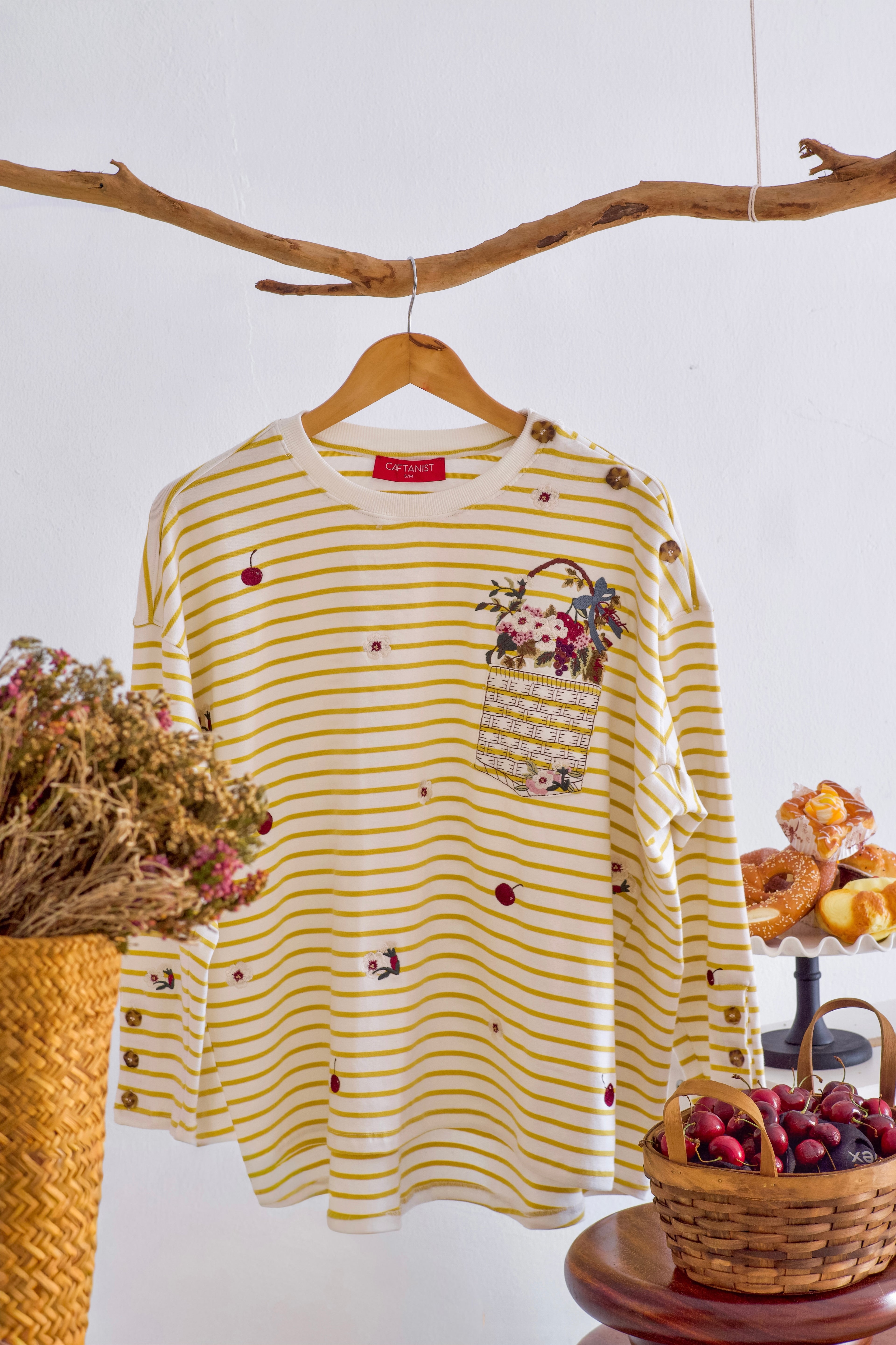Butter Yellow Stripes - Fleuriste Embroidered Cotton Tee with Signature Buttons