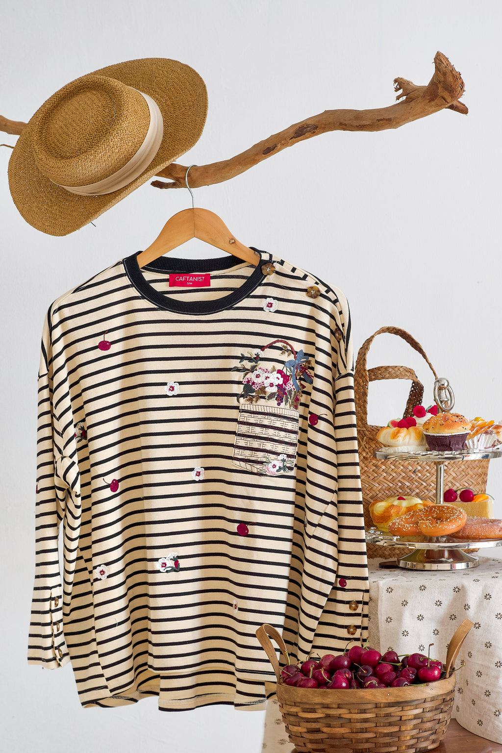 Ivory Black Stripes - Fleuriste Embroidered Cotton Tee with Signature Buttons