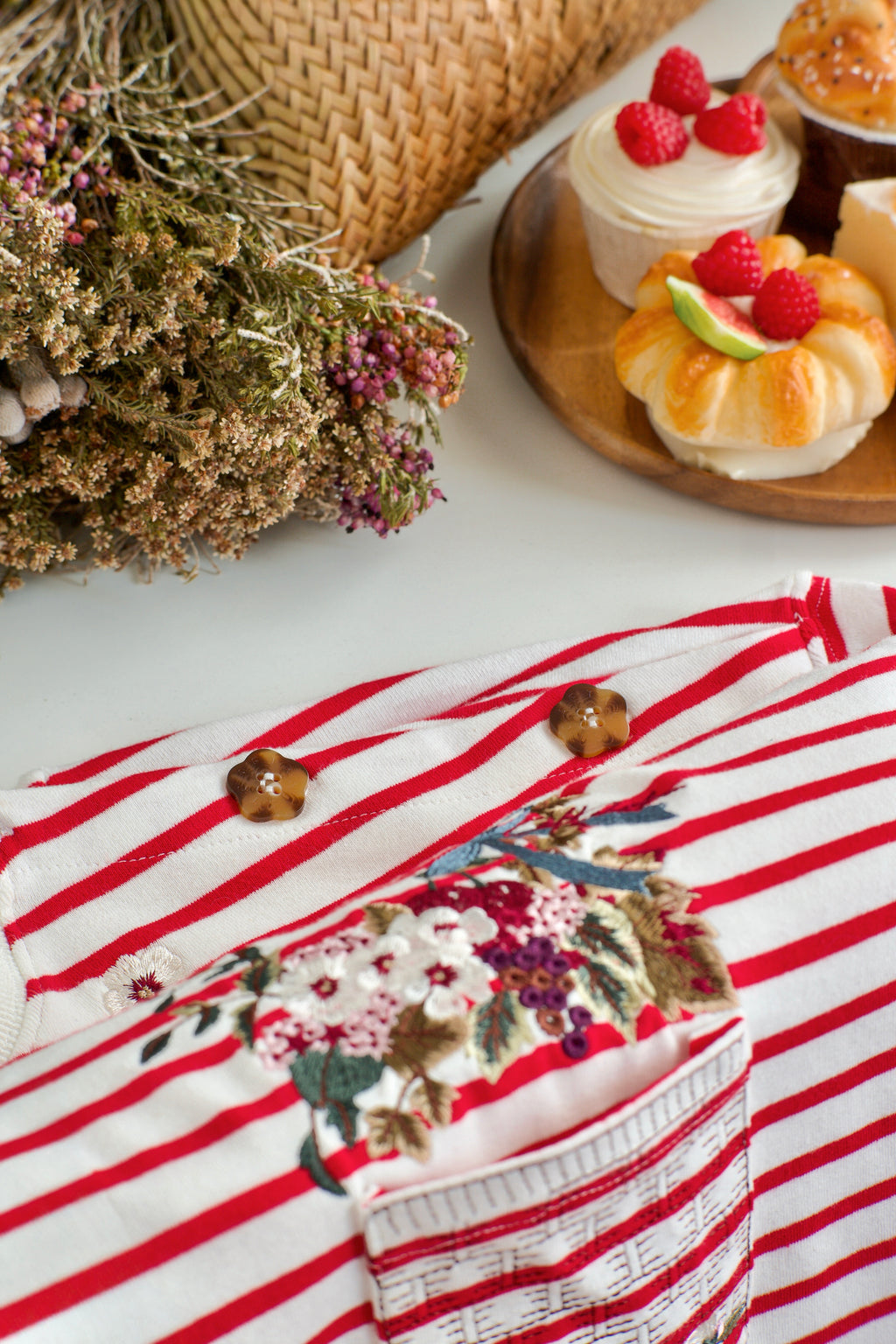 Cherry Stripes - Fleuriste Embroidered Cotton Tee with Signature Buttons