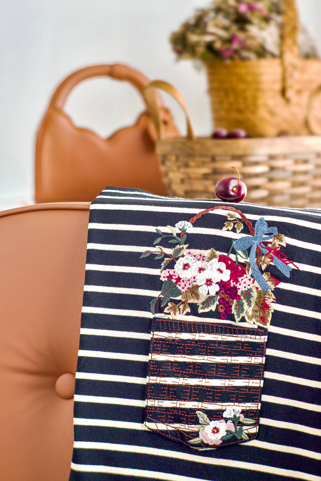 Black Ivory Stripes - Fleuriste Embroidered Cotton Tee with Signature Buttons