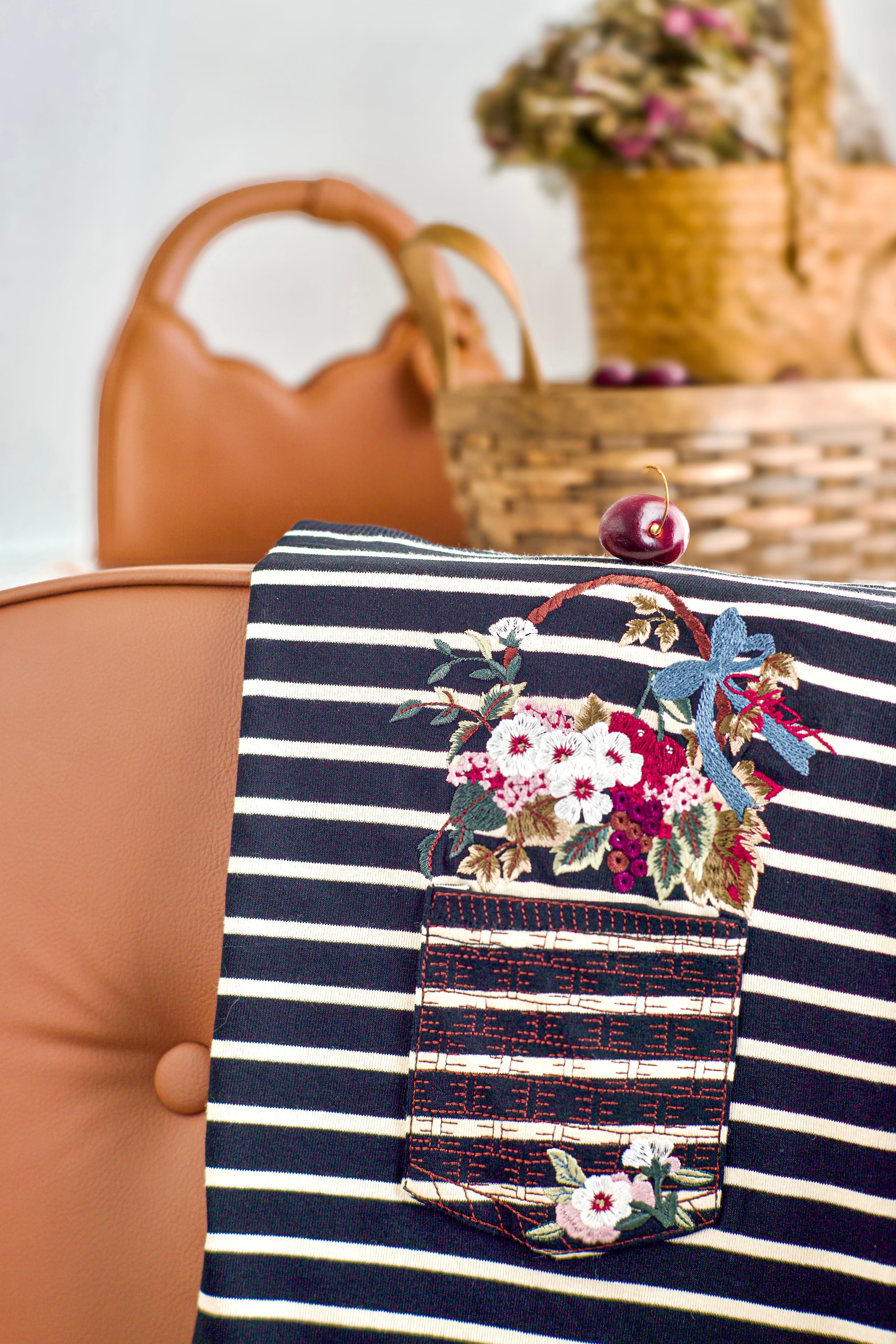 Black Ivory Stripes - Fleuriste Embroidered Cotton Tee with Signature Buttons