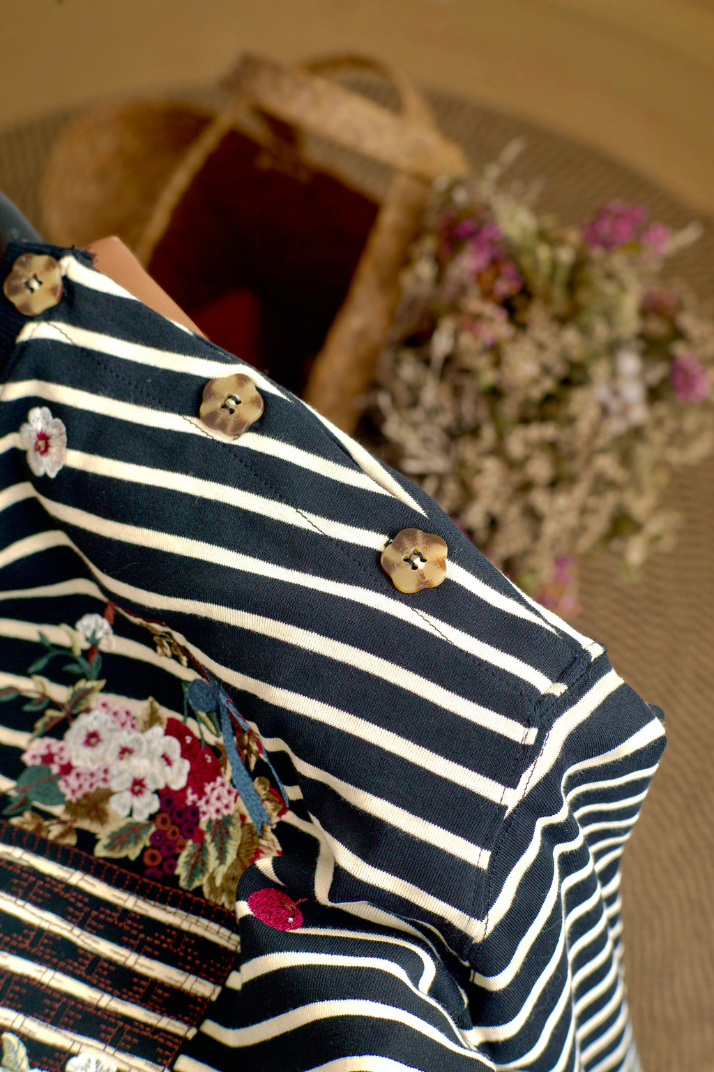 Black Ivory Stripes - Fleuriste Embroidered Cotton Tee with Signature Buttons