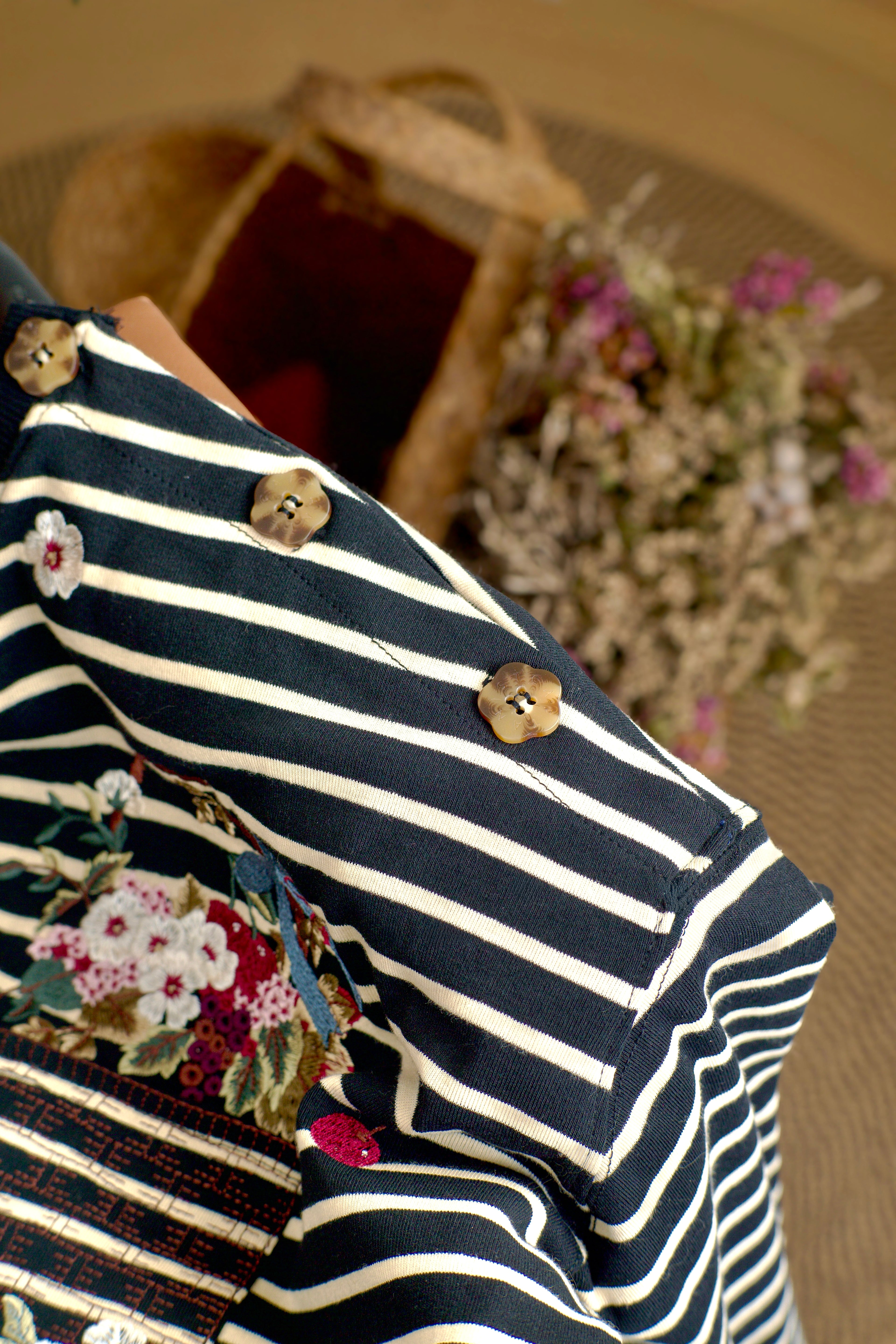 Black Ivory Stripes - Fleuriste Embroidered Cotton Tee with Signature Buttons