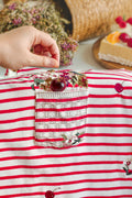 Cherry Stripes - Fleuriste Embroidered Cotton Tee with Signature Buttons