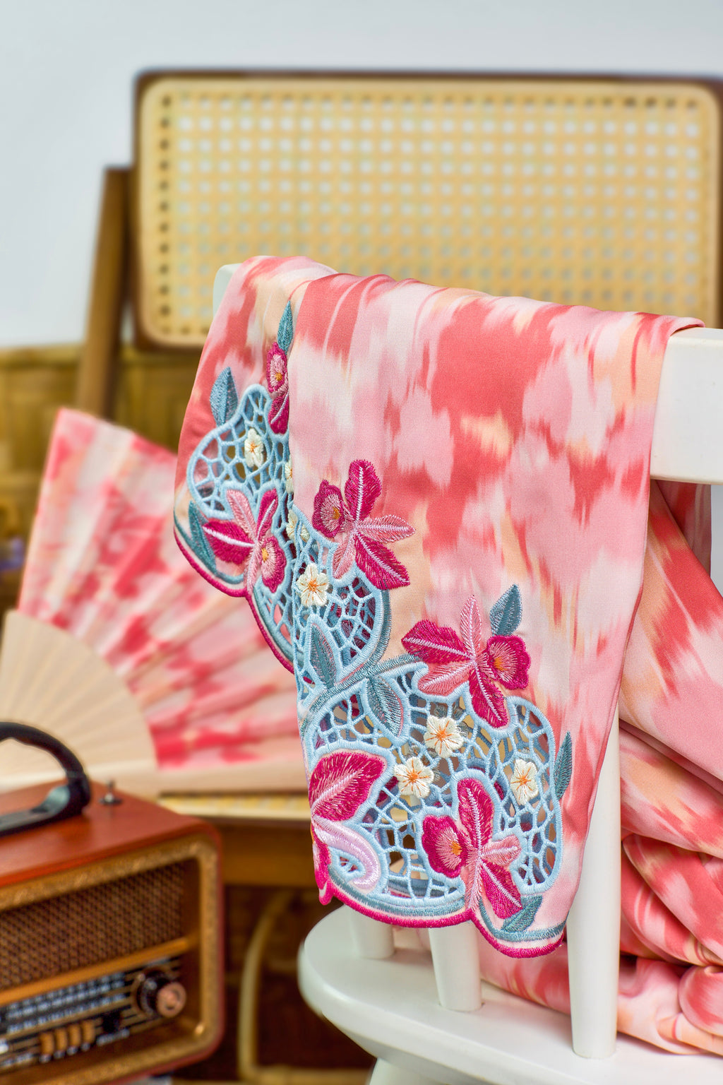 52 - Dewi Kemuning III - Kebaya Sulam Goyang Set With Matching Fan & Selendang [PREORDER]