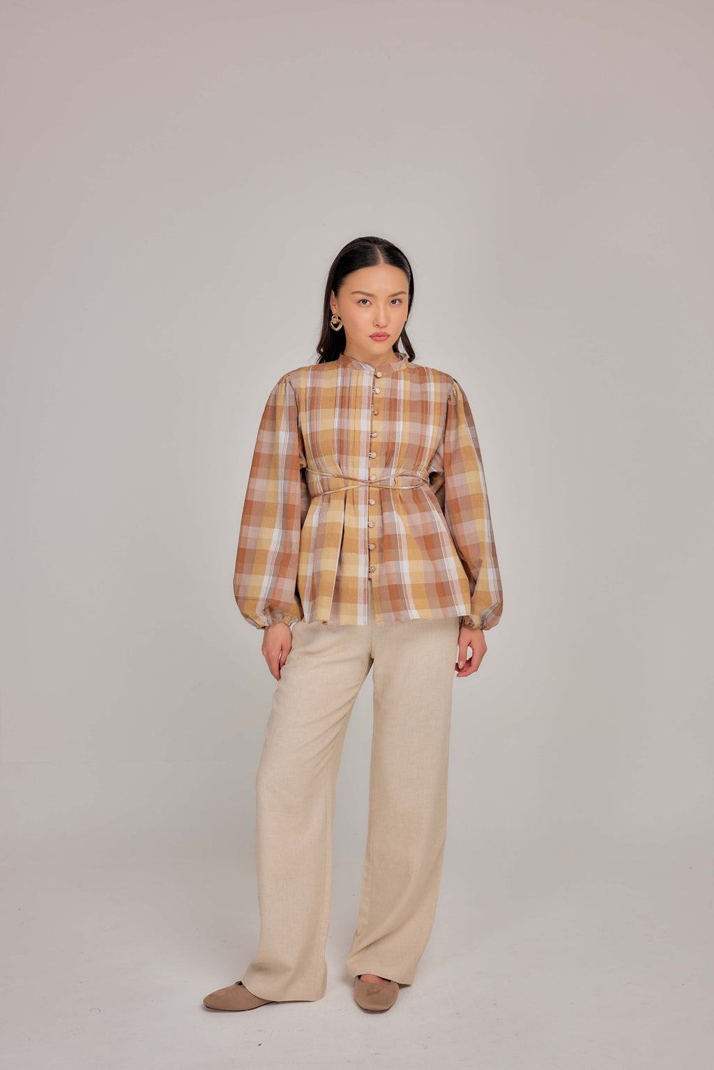 05 - Butterscotch -  Pleated Bell-Sleeved Cotton Tie Waist Top