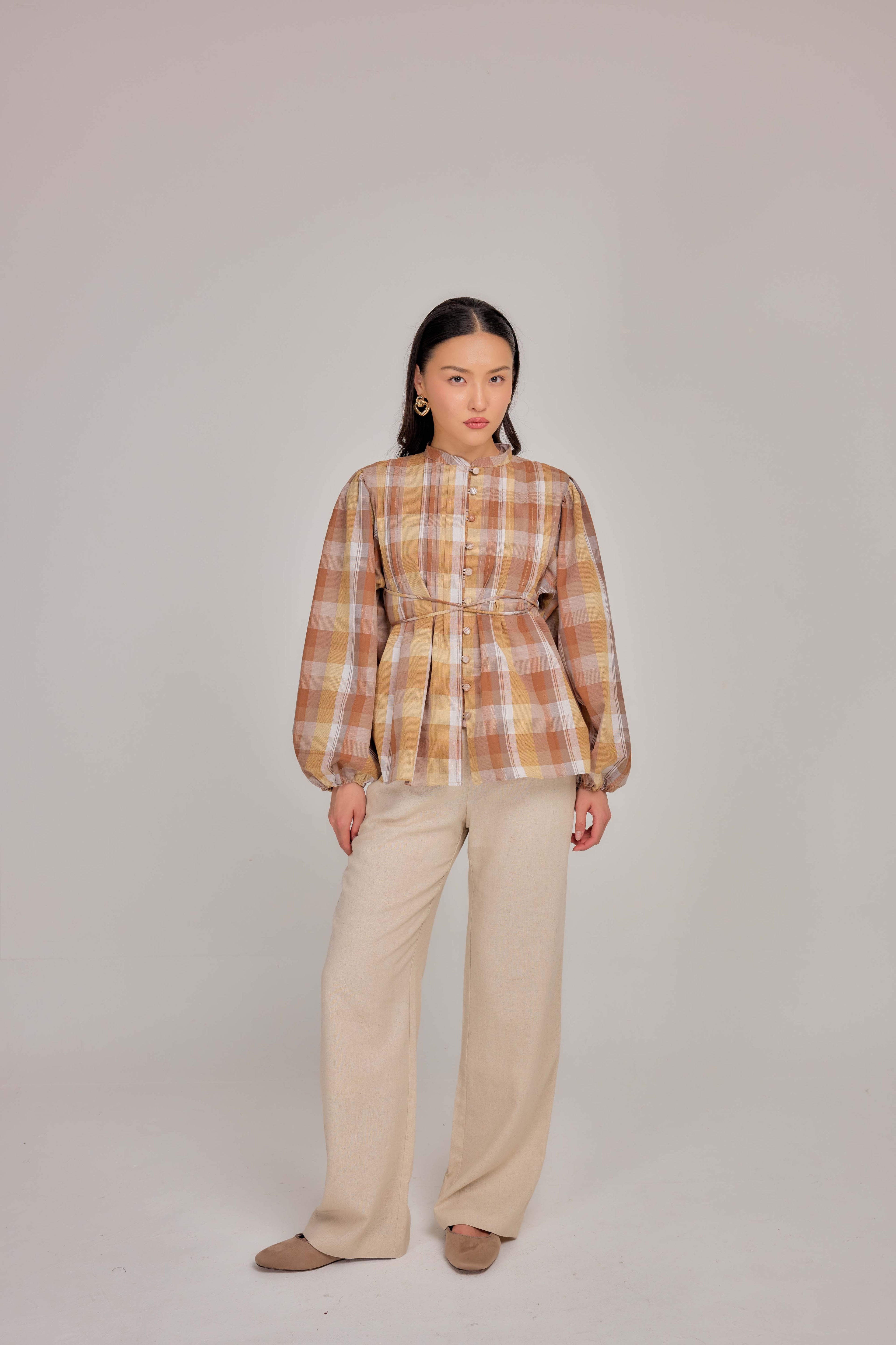 05 - Butterscotch -  Pleated Bell-Sleeved Cotton Tie Waist Top
