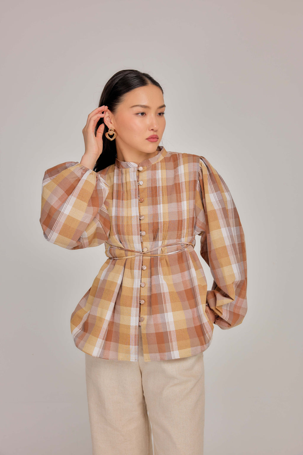 05 - Butterscotch -  Pleated Bell-Sleeved Cotton Tie Waist Top