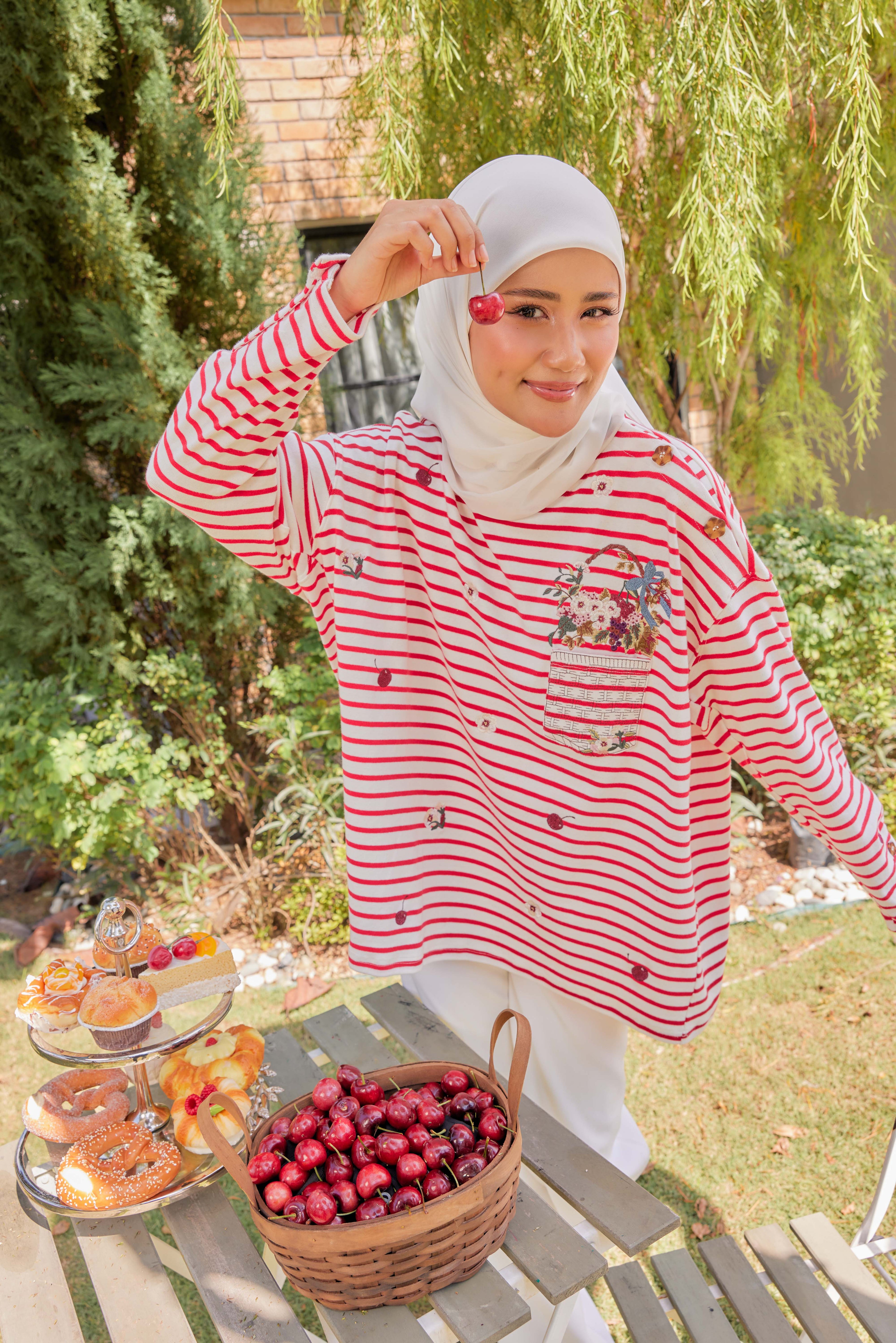 [PREORDER] Fleuriste Embroidered Cotton Tee with Signature Buttons — Cherry  Stripes