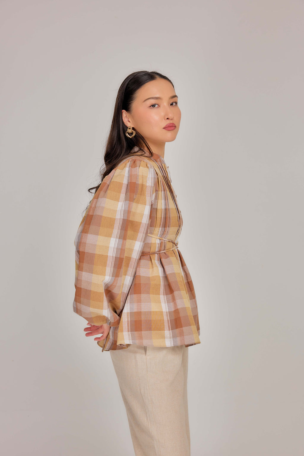 05 - Butterscotch -  Pleated Bell-Sleeved Cotton Tie Waist Top