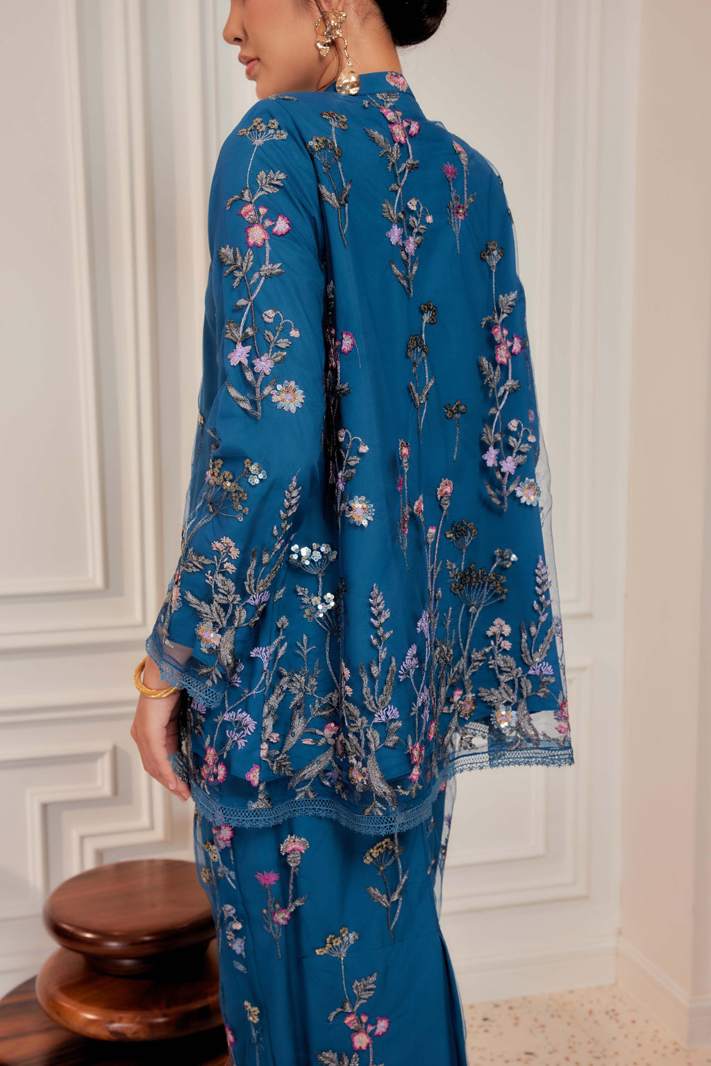 Teal Blue - Dian Embellished Kebarung with Embroidery Lace Trim  [PREORDER MID FEB]