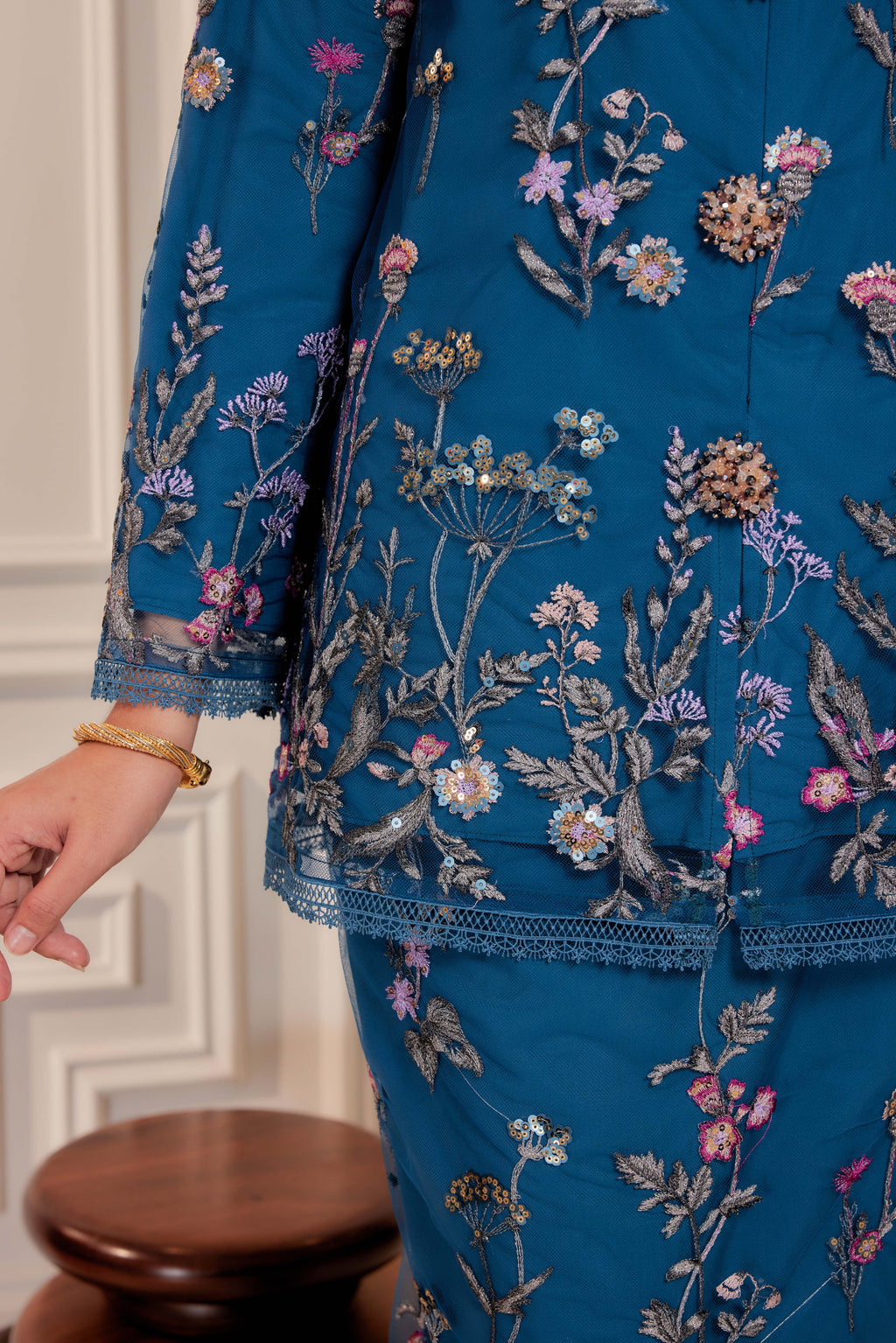 Teal Blue - Dian Embellished Kebarung with Embroidery Lace Trim  [PREORDER MID FEB]