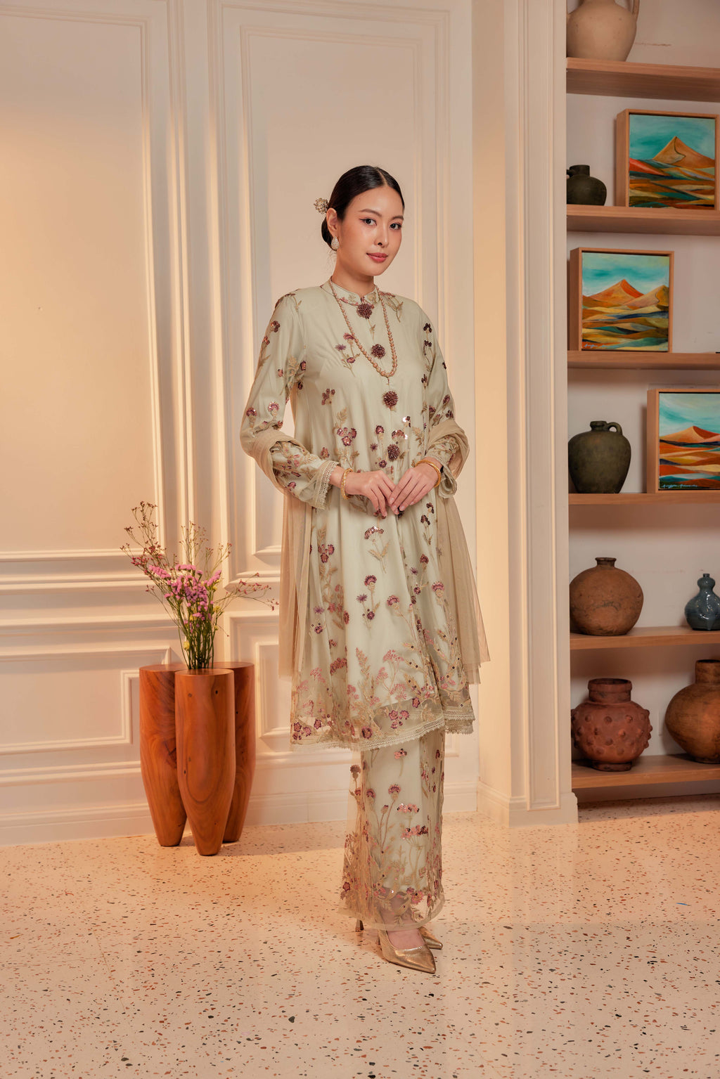 Sage Majesty - Dian Embellished Kebarung with Embroidery Lace Trim (Full Lining)