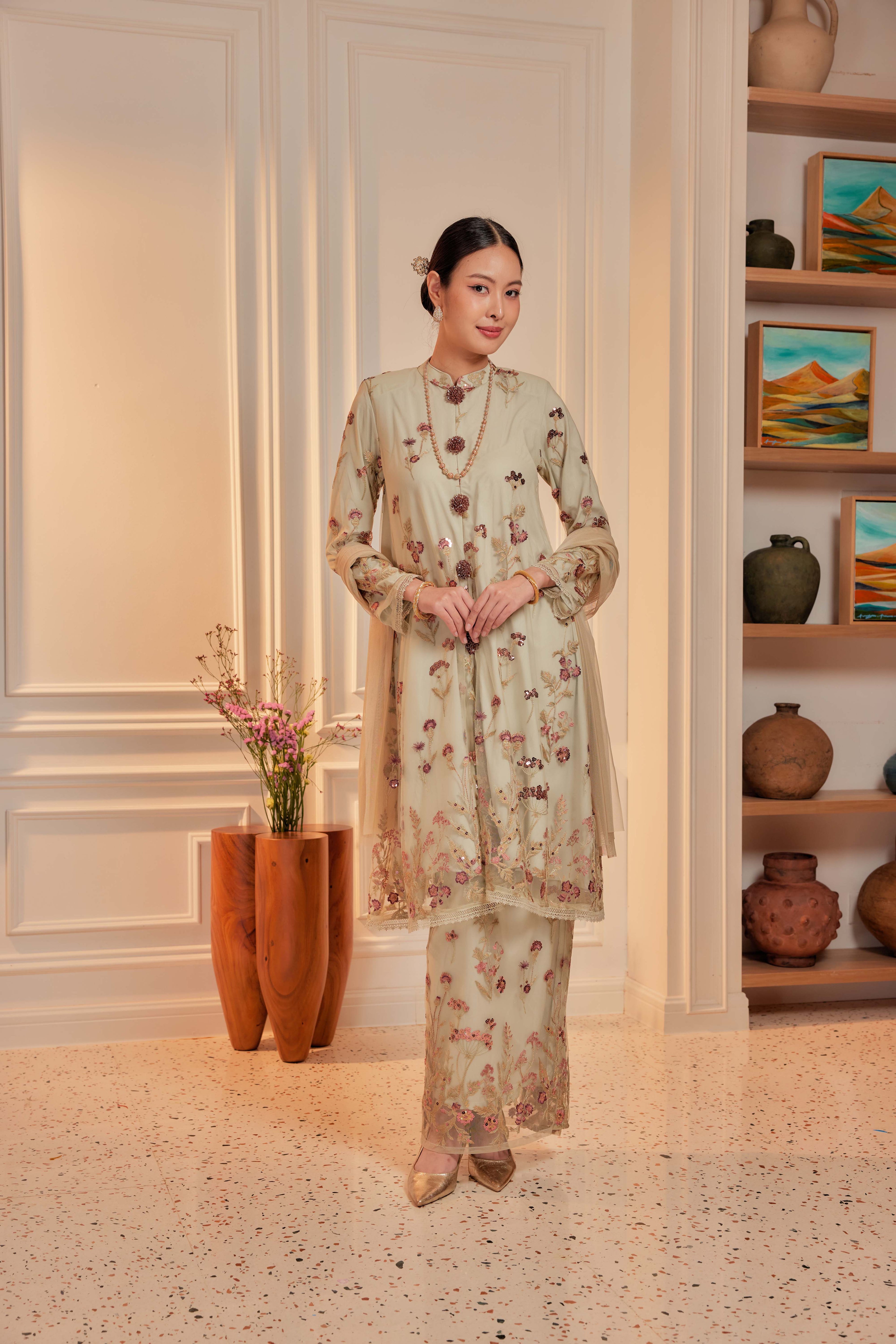 Sage Majesty - Dian Embellished Kebarung with Embroidery Lace Trim (Full Lining)