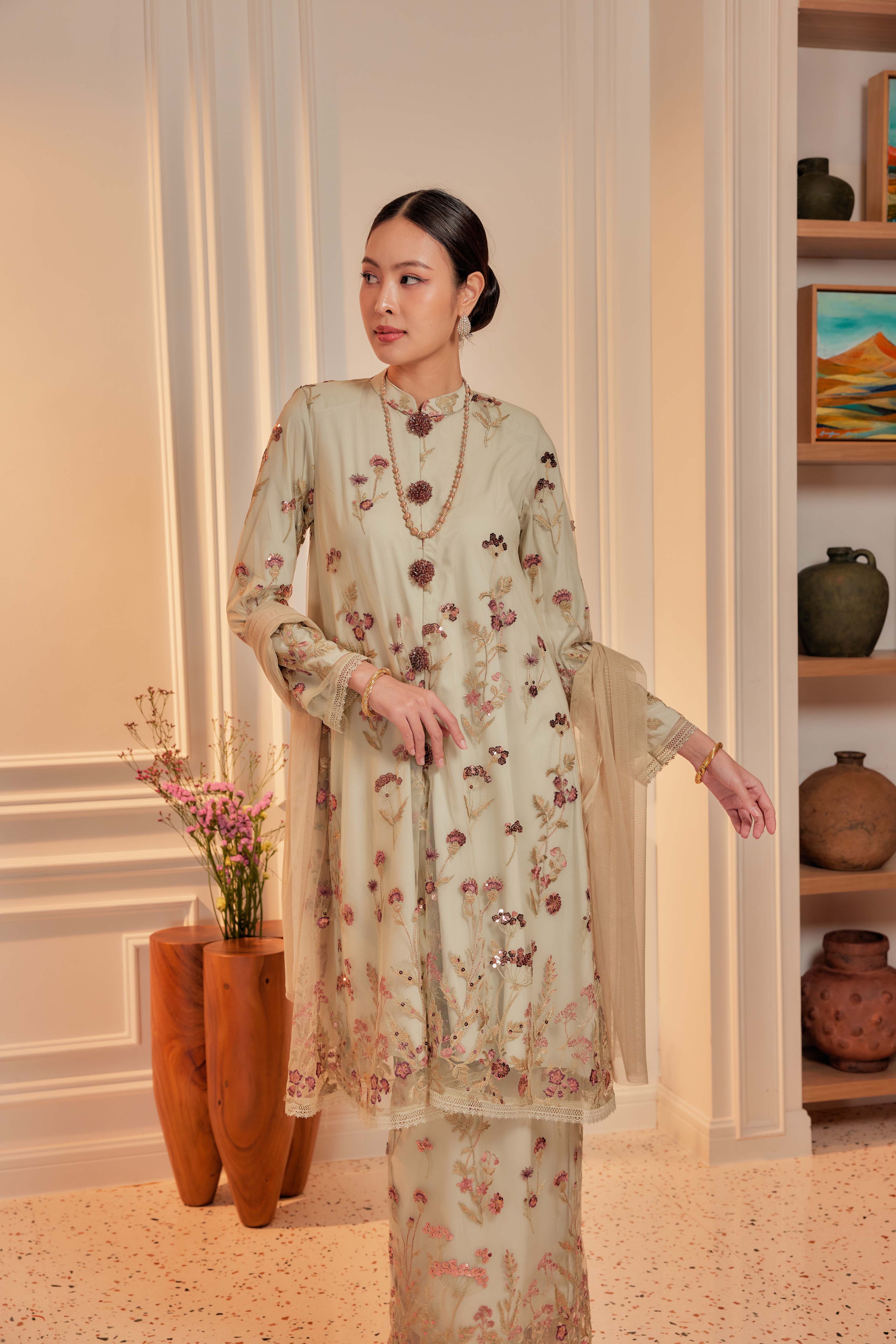 Sage Majesty - Dian Embellished Kebarung with Embroidery Lace Trim (Full Lining)