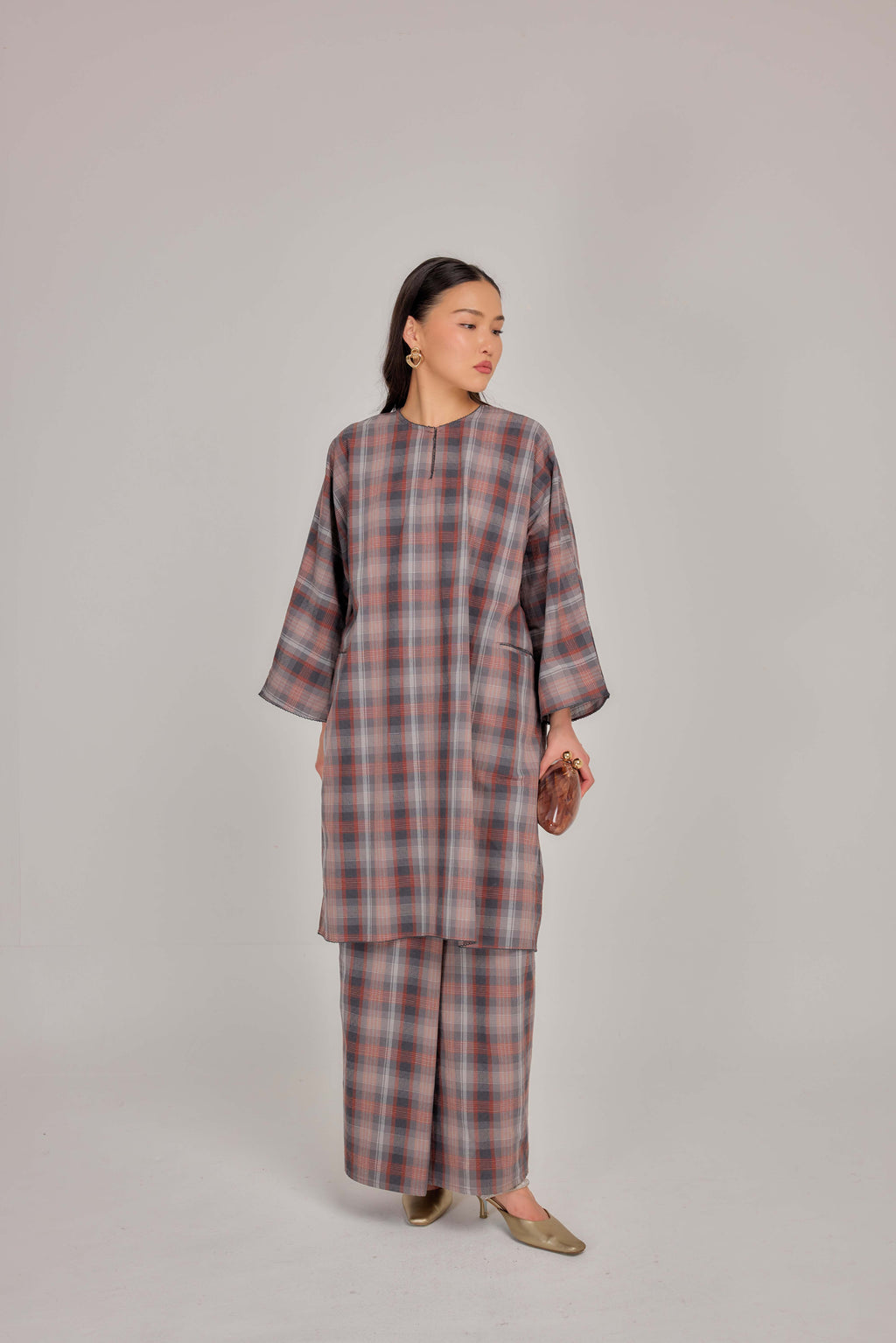 03 - Mauve Ash - Relaxed Plaid Cotton Two-Piece Set