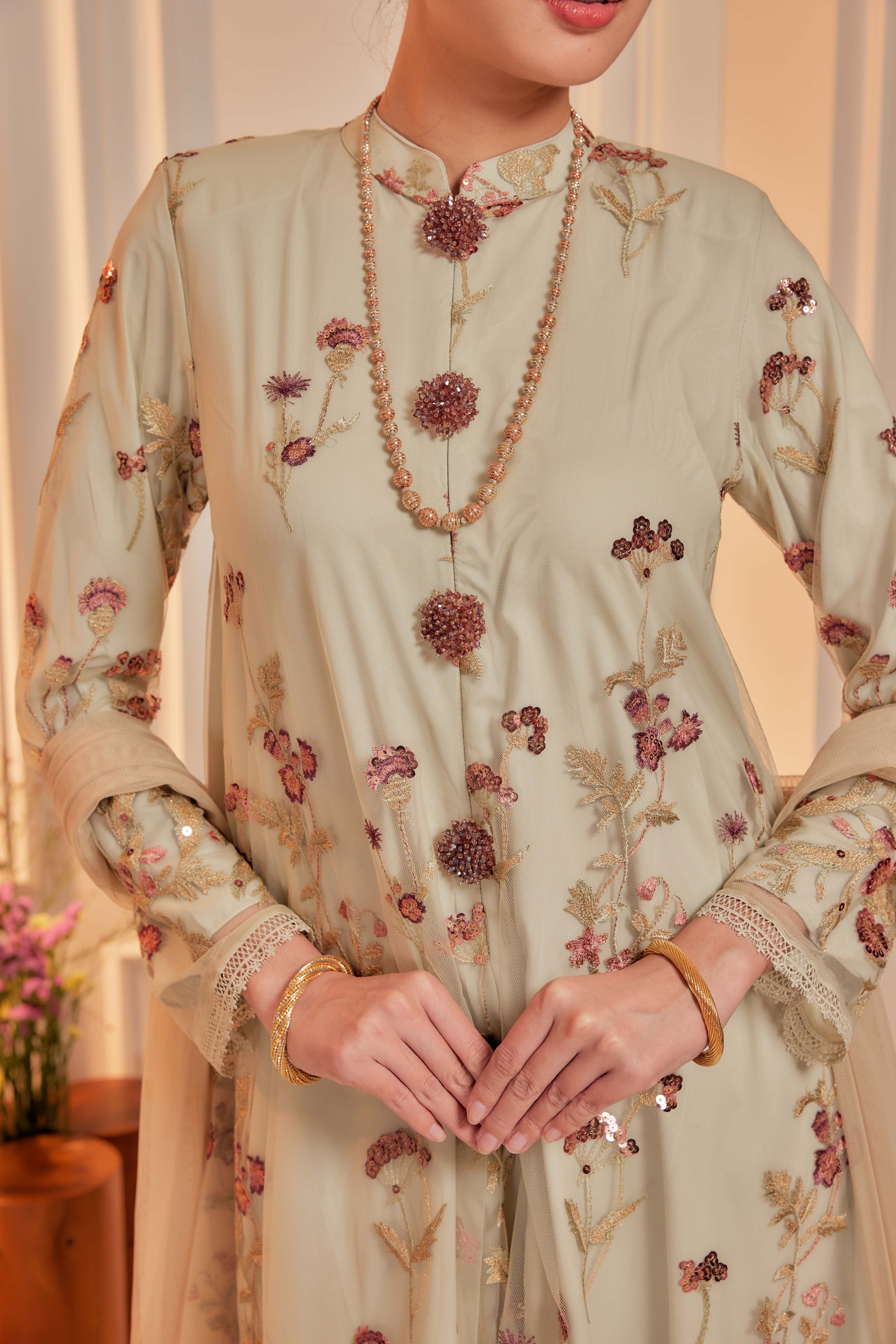 Sage Majesty - Dian Embellished Kebarung with Embroidery Lace Trim (Full Lining)