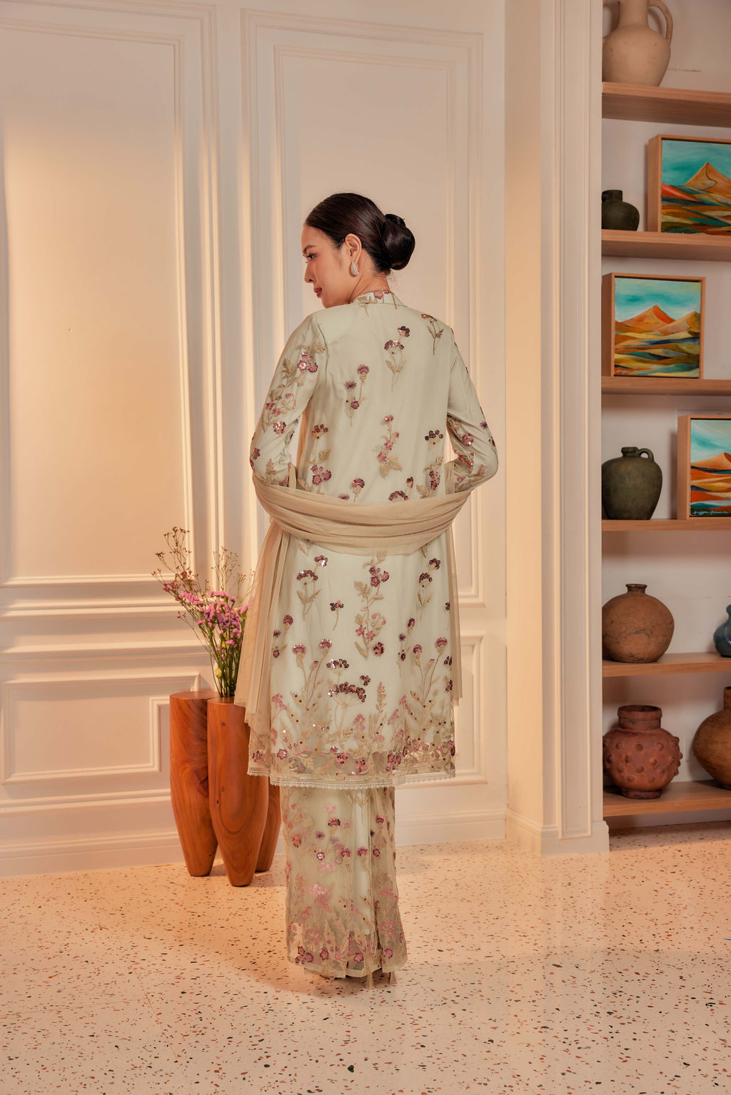 Sage Majesty - Dian Embellished Kebarung with Embroidery Lace Trim (Full Lining)