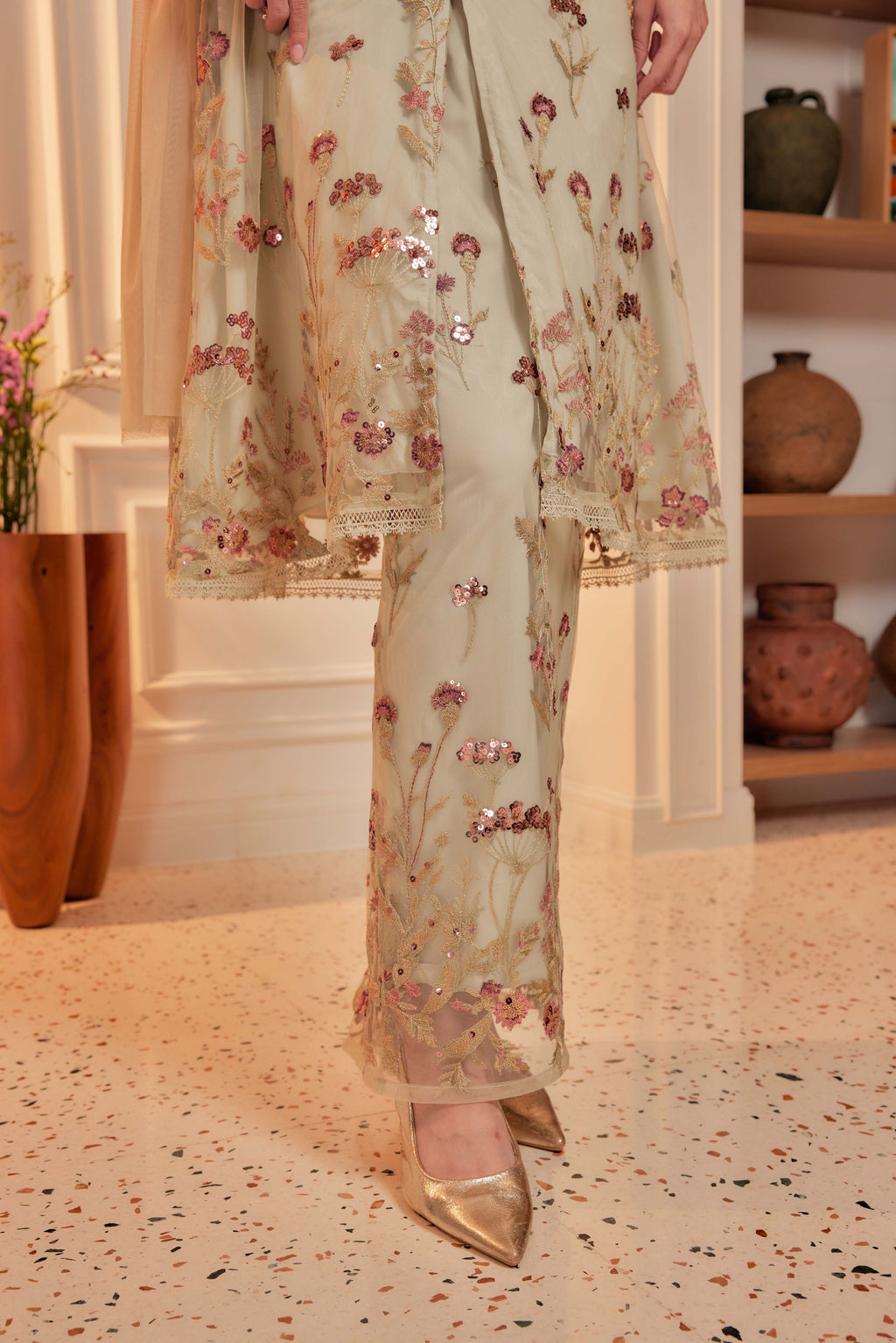 Sage Majesty - Dian Embellished Kebarung with Embroidery Lace Trim (Full Lining)