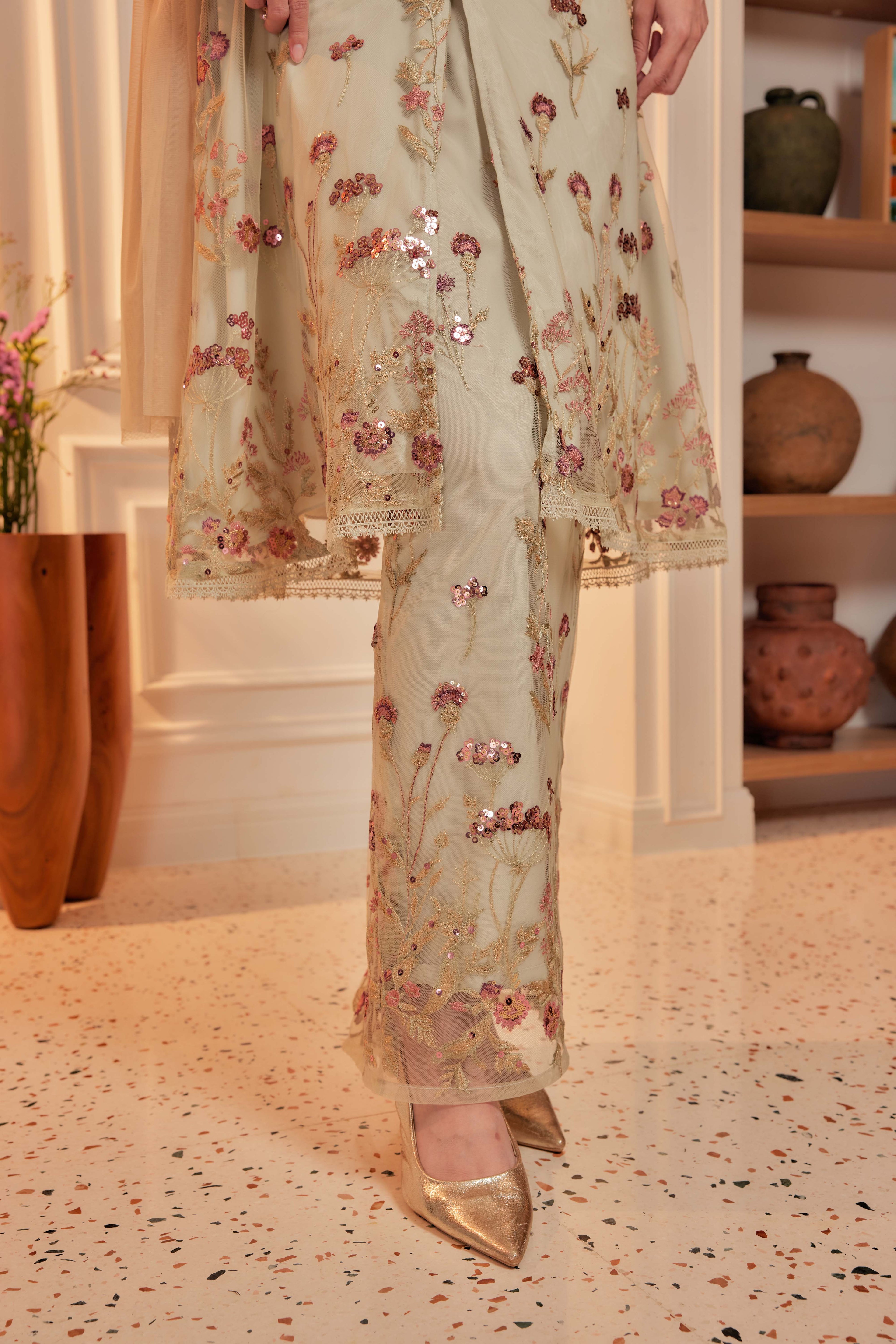 Sage Majesty - Dian Embellished Kebarung with Embroidery Lace Trim (Full Lining)