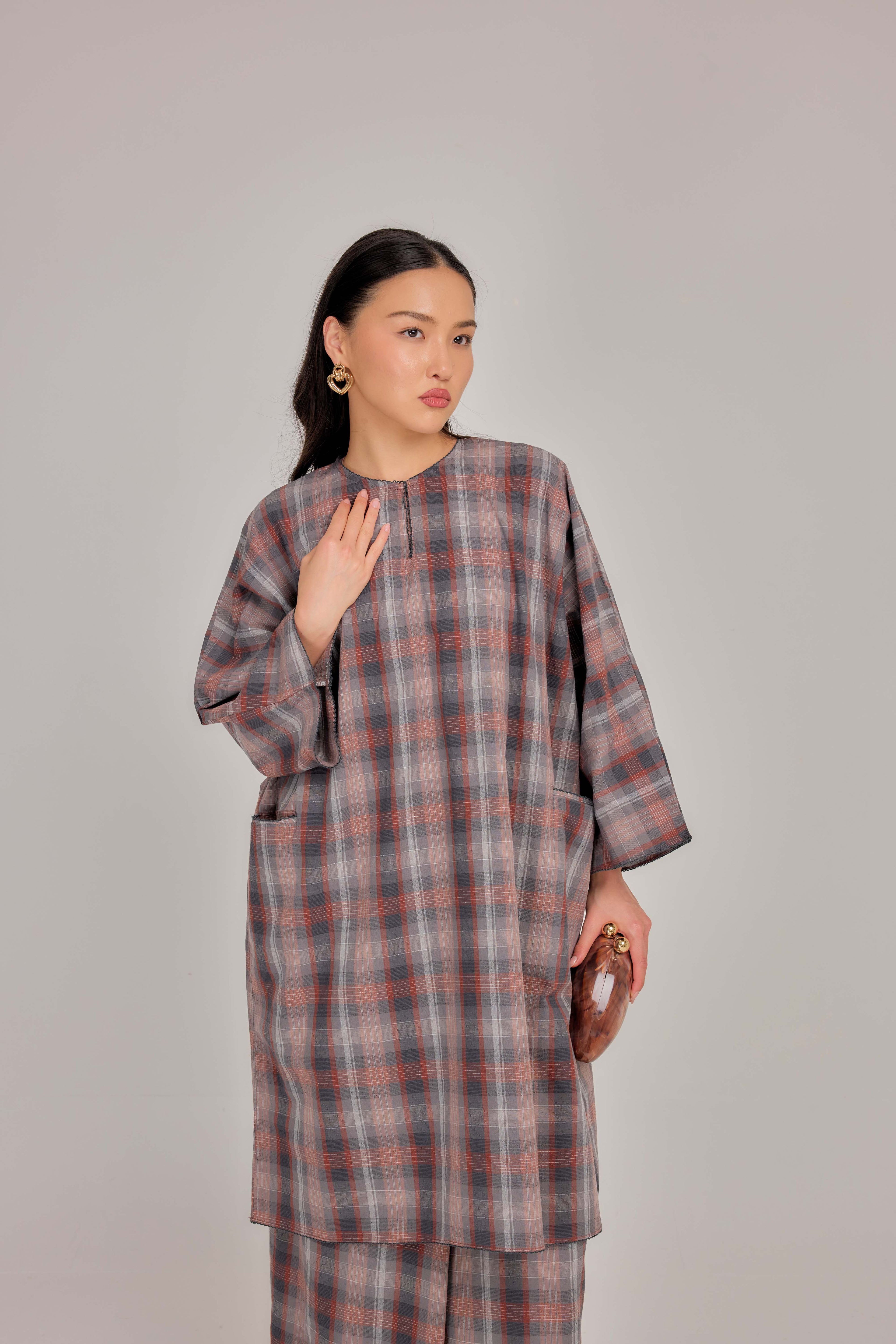 03 - Mauve Ash - Relaxed Plaid Cotton Two-Piece Set